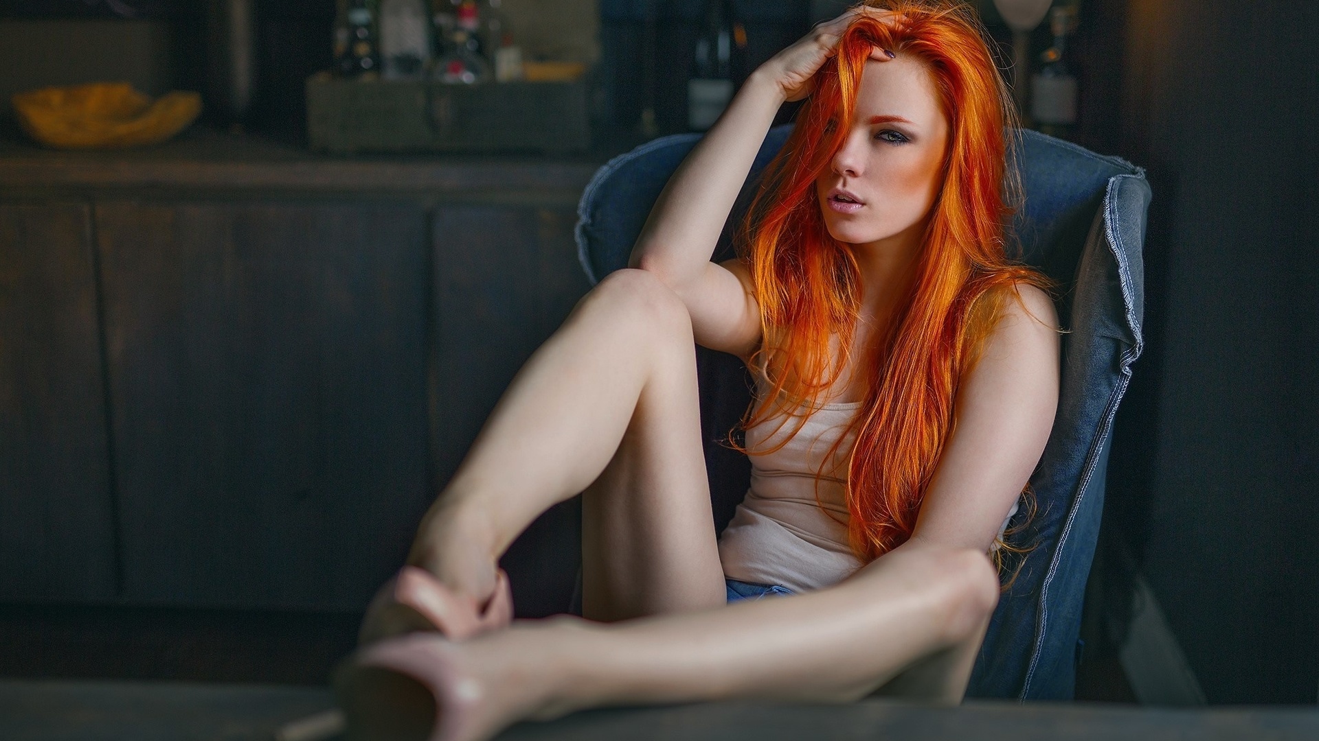 Cute Redhead Girl Puts On A Bedroom