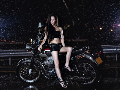 девушка, мотоцикл, дождь, азиатка