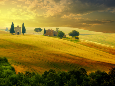 landscape, sunset , tuscany , sky, countryside, beautiful field, summer, italy , trees, nature