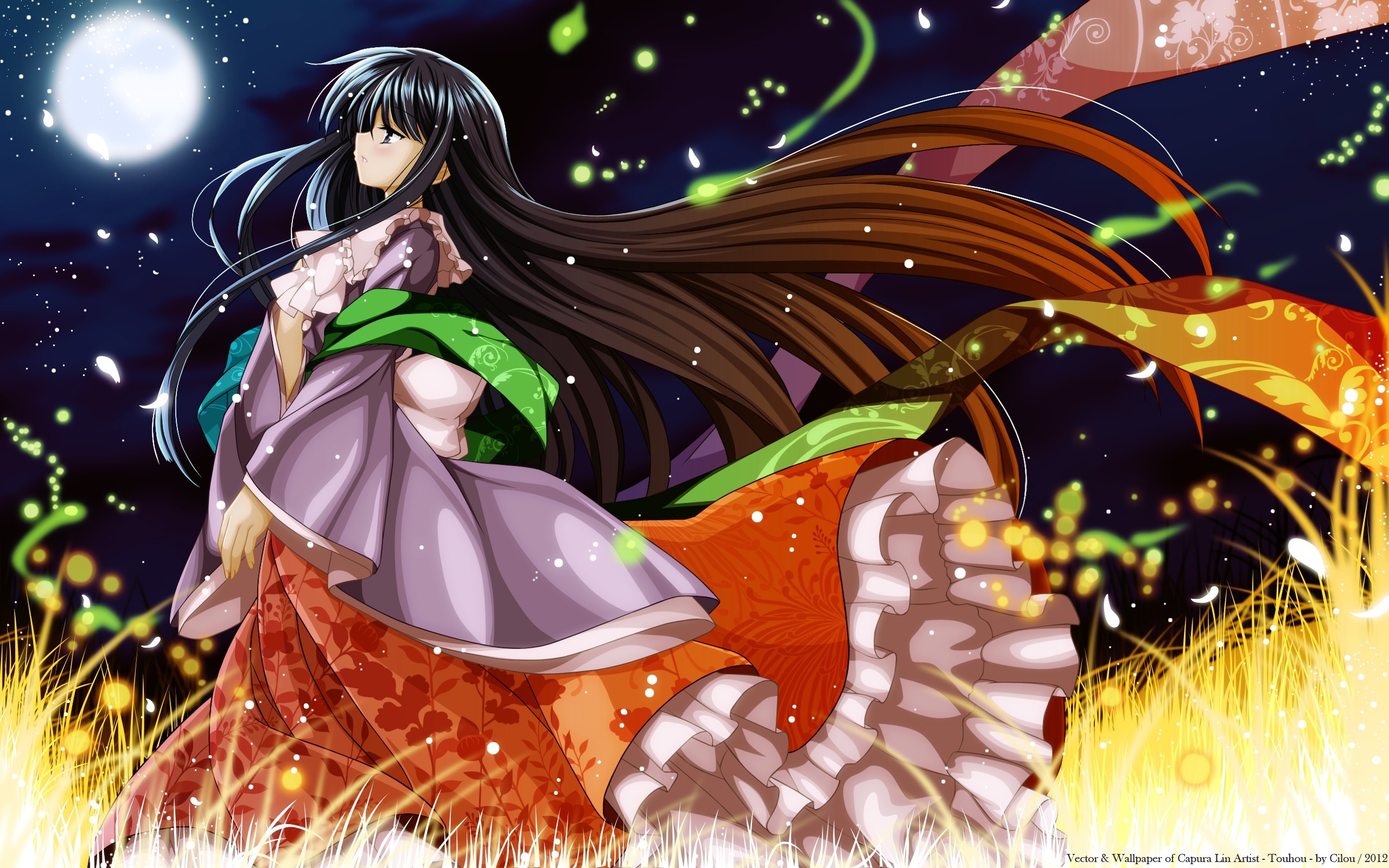 Обои skies, black hair, black eyes, profile, scarfs, video games, Moon,  anime girls, skirts, bows, stars, glowing, wide sleeves, fireflies, long  hair, Capura Lin, Full Moon, brunettes, flower petals, Touhou, grass, night,