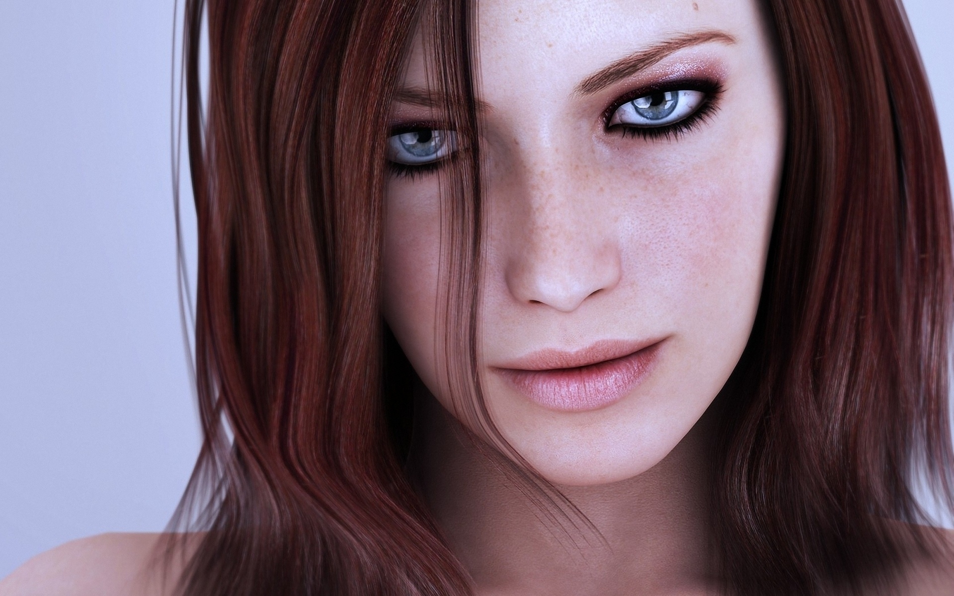 Обои beautiful woman, black eyes lined, pink lips, girl, face, blue eyes,  Redhead, sexy на рабочий стол