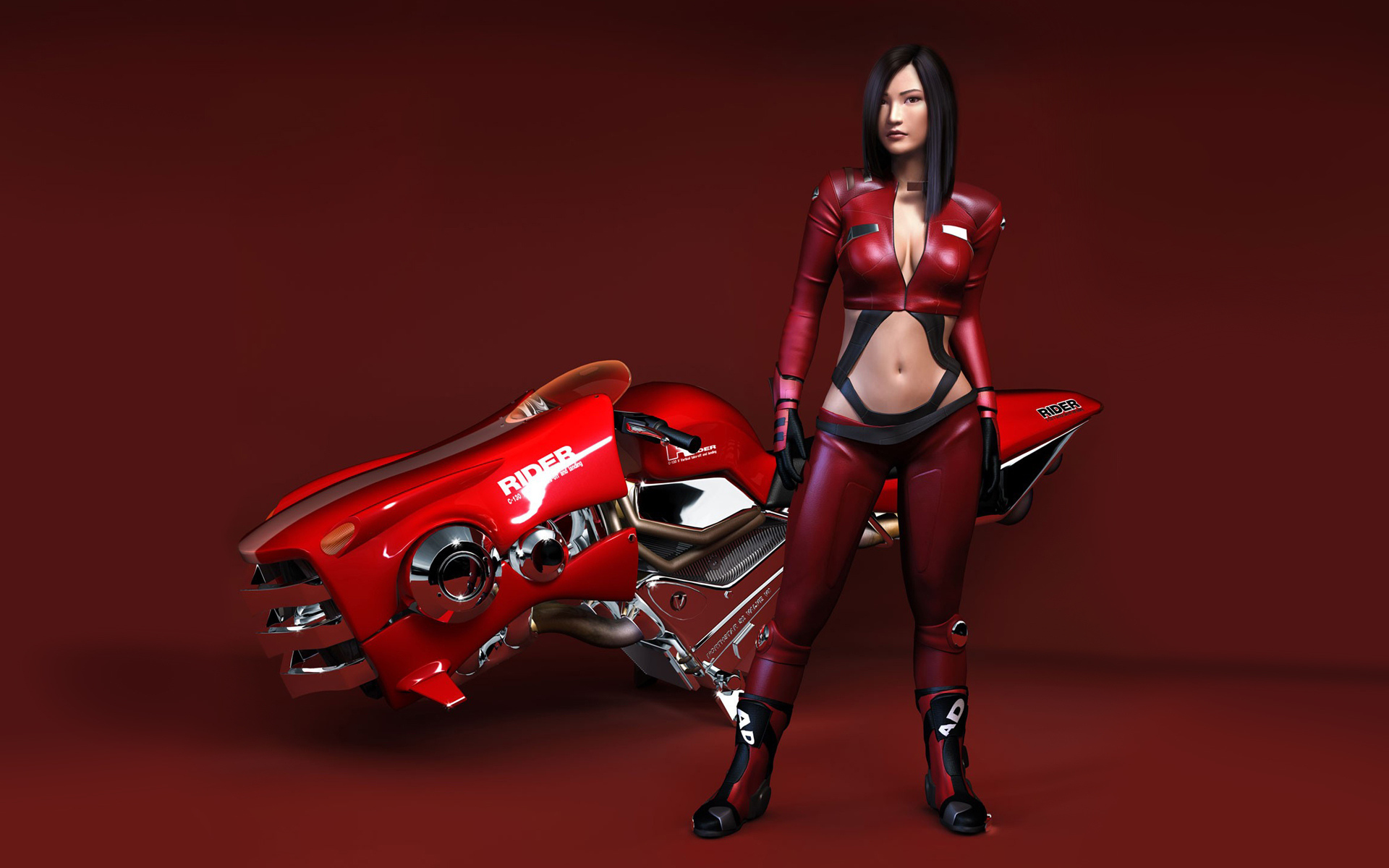 Обои bike, girl, rider, leather, 3d, erotic, Red, woman, vehicle, breasts,  sexy на рабочий стол