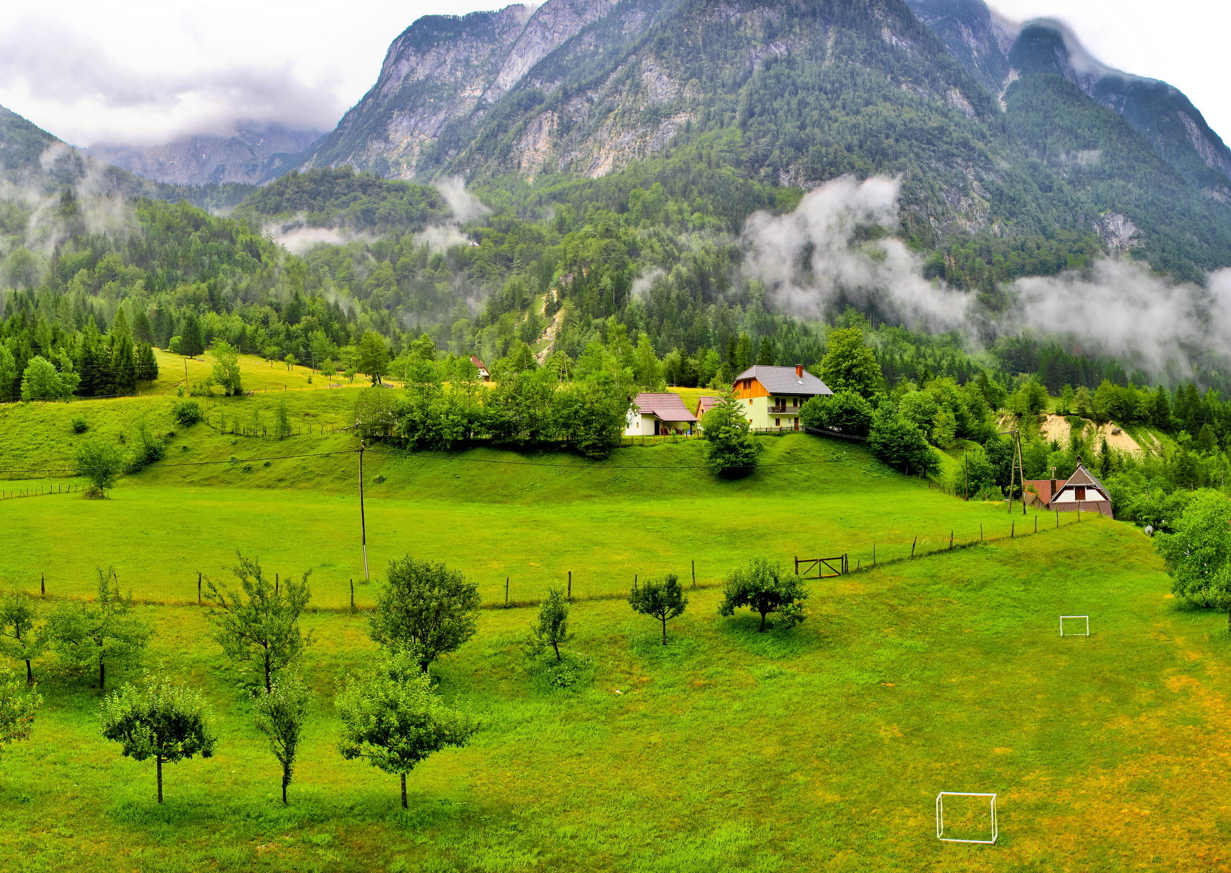 Обои slovenia, дома, трава, лес, облака, горы, словения, деревья на рабочий  стол