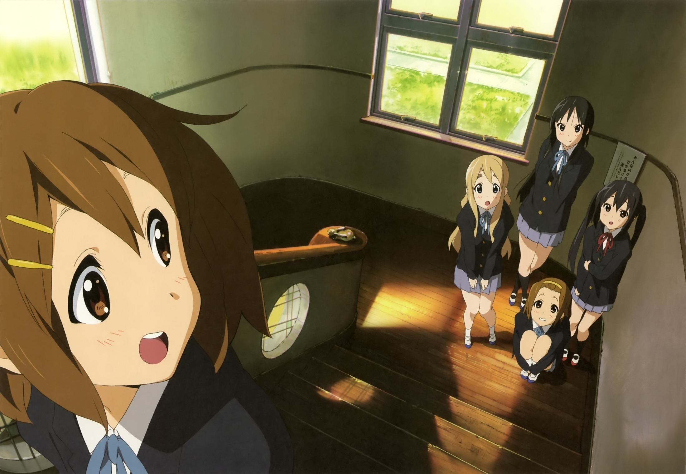 Обои мио, лестница, k-on, адзуса, ритсу, муги, школа, юи на рабочий стол