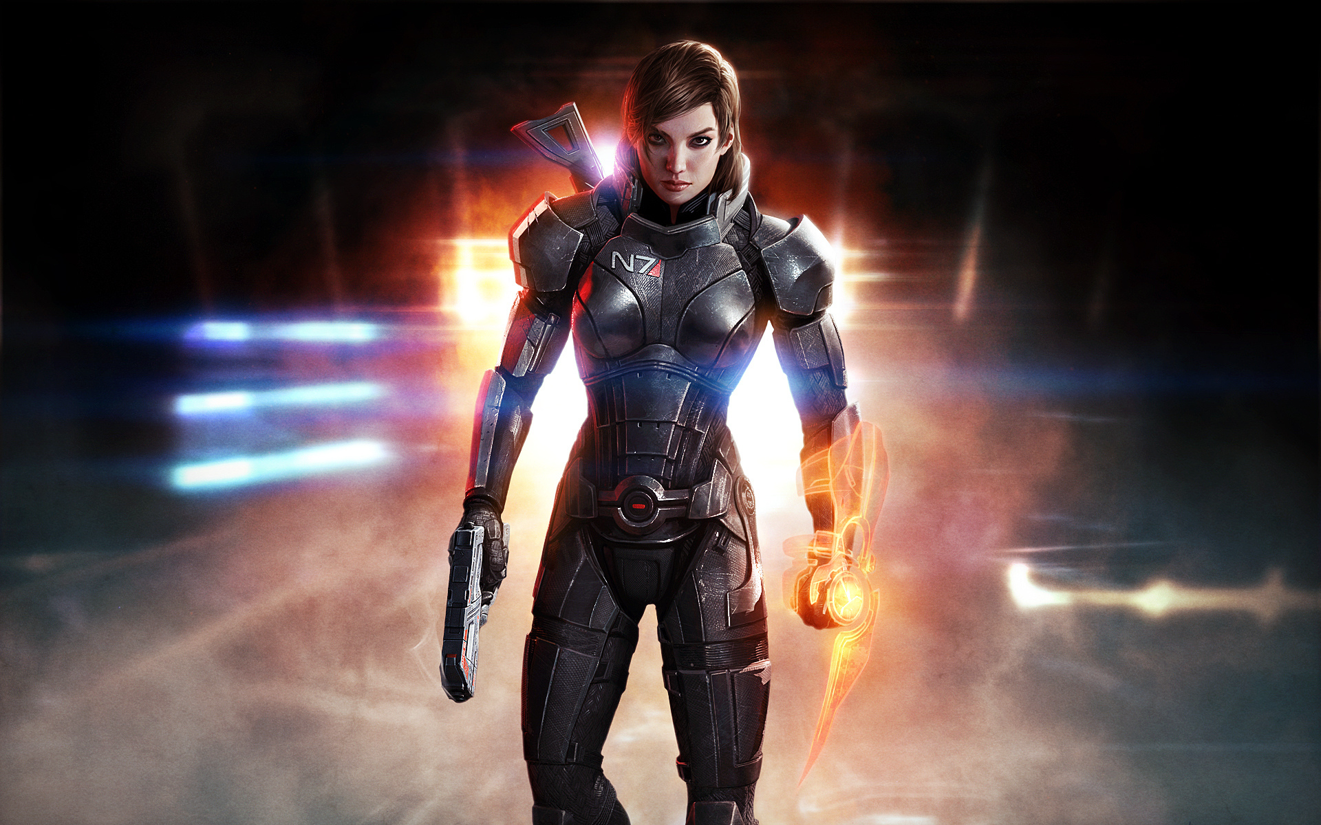 Обои женщина, шепард, костюм, shepard, mass effect 3, игра, female, оружие  на рабочий стол