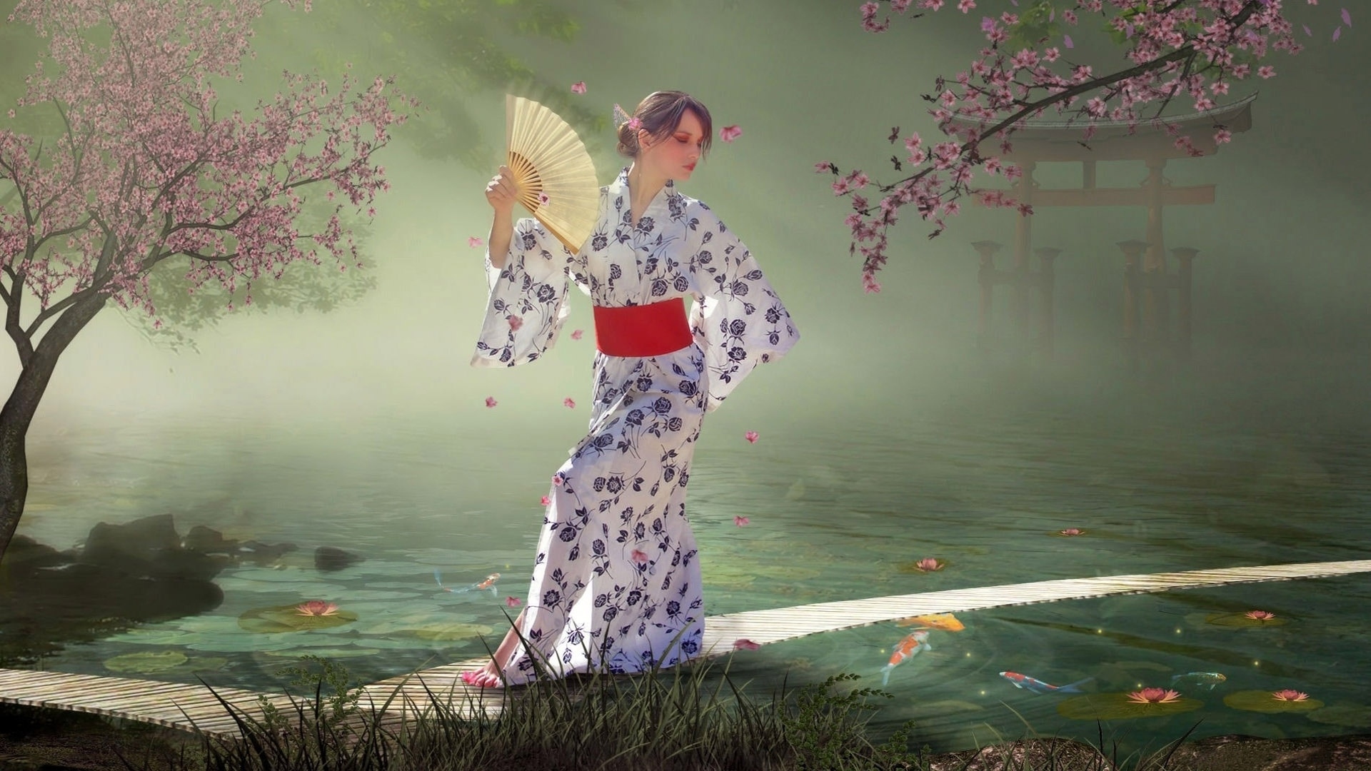 Япония Сакура гейша с веером