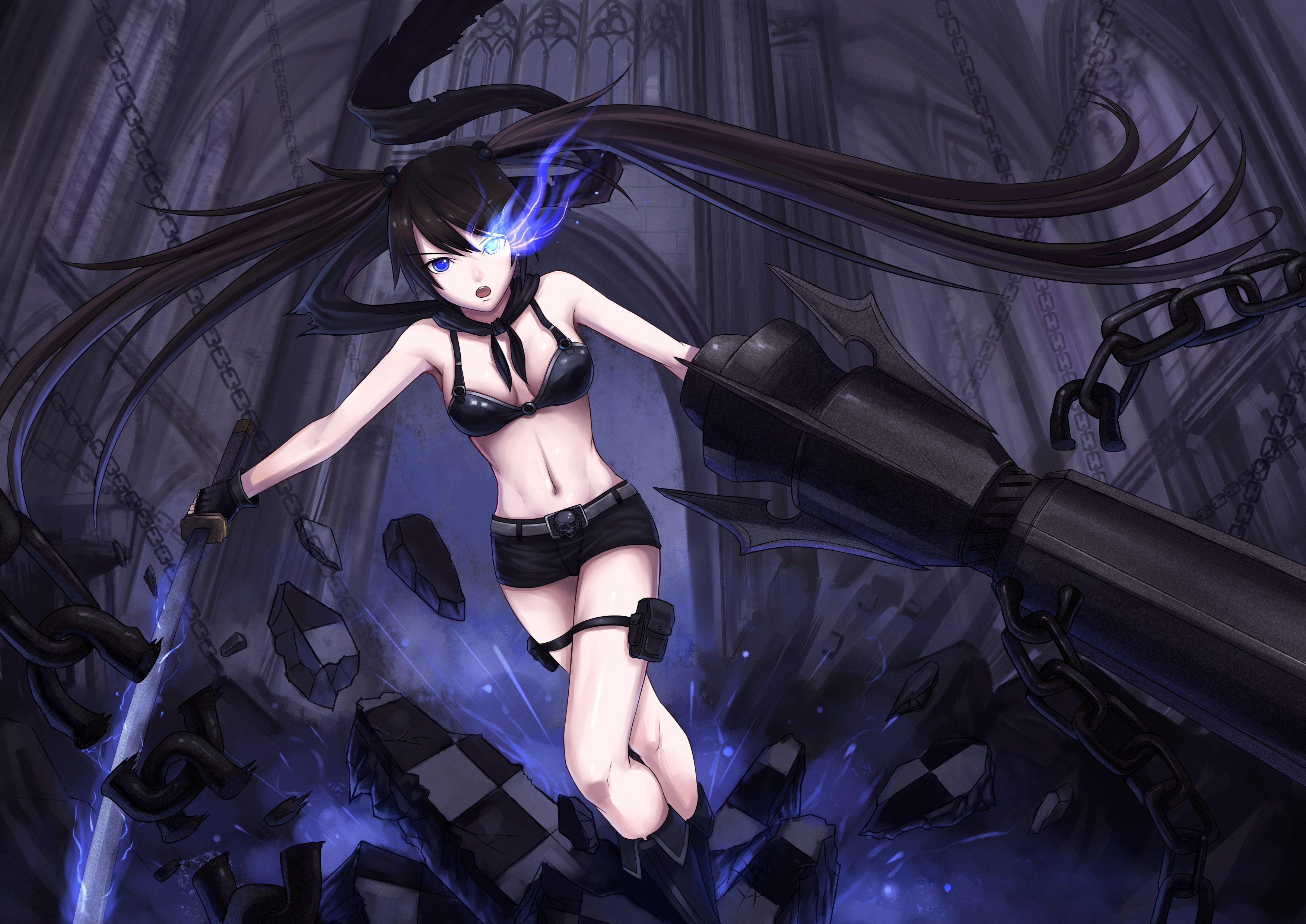 Обои black rock shooter, камни, цепи, mato kuroi, оружие, катана на рабочий  стол