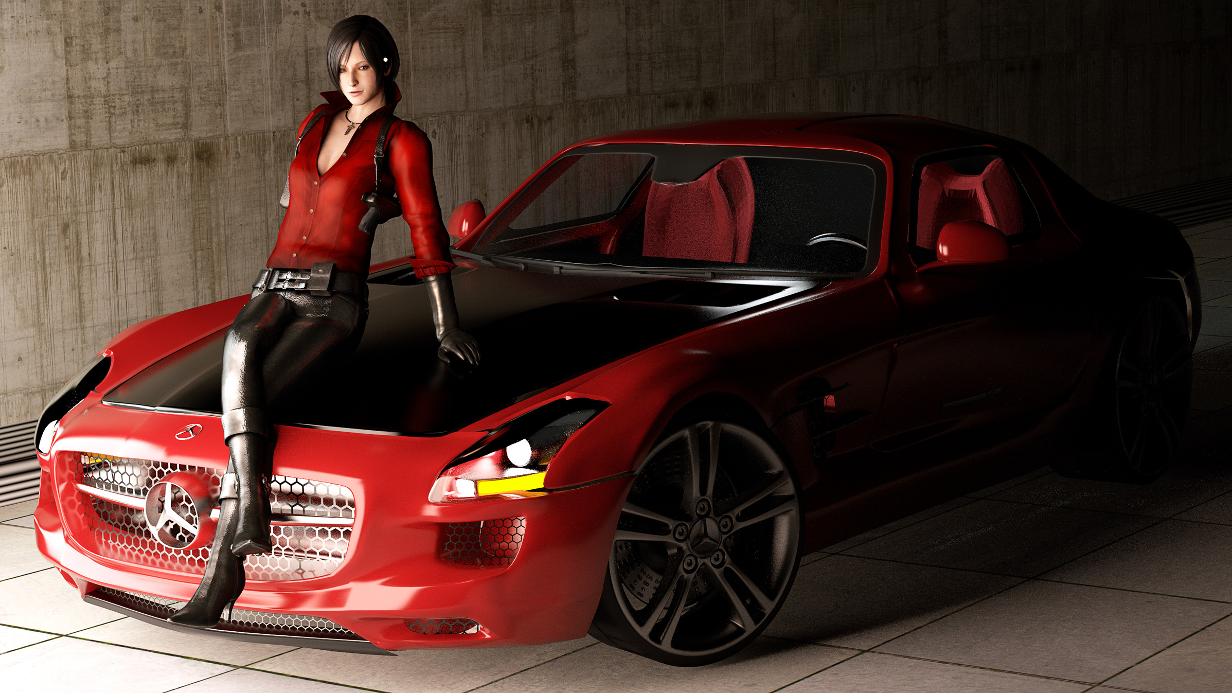 Обои sls amg, девушка, roadster, mercedes benz, resident evil, ada, fan art,  машина на рабочий стол