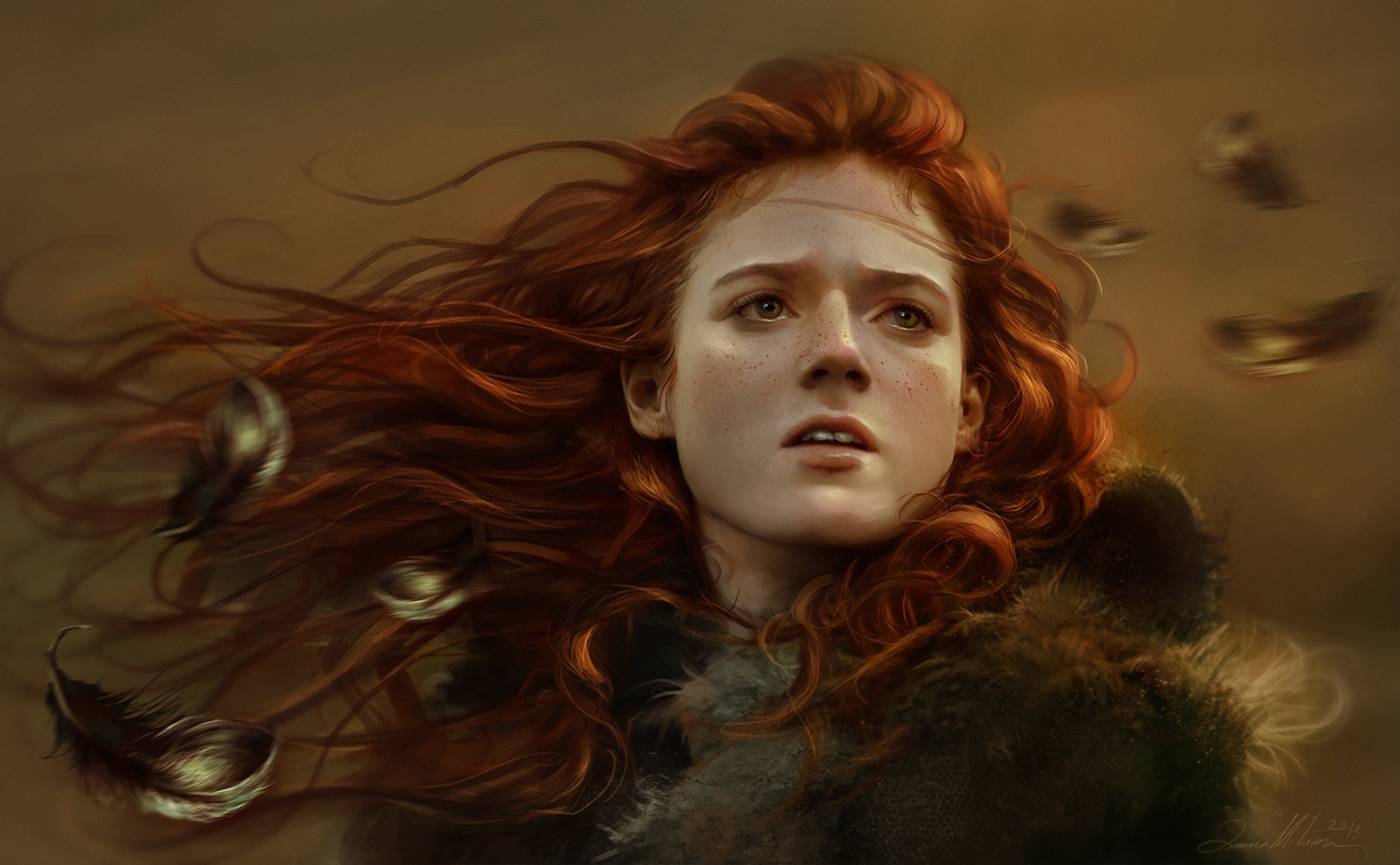 Обои девушка, game of thrones, перья, рыжая, арт, ygritte, лицо, веснушки  на рабочий стол