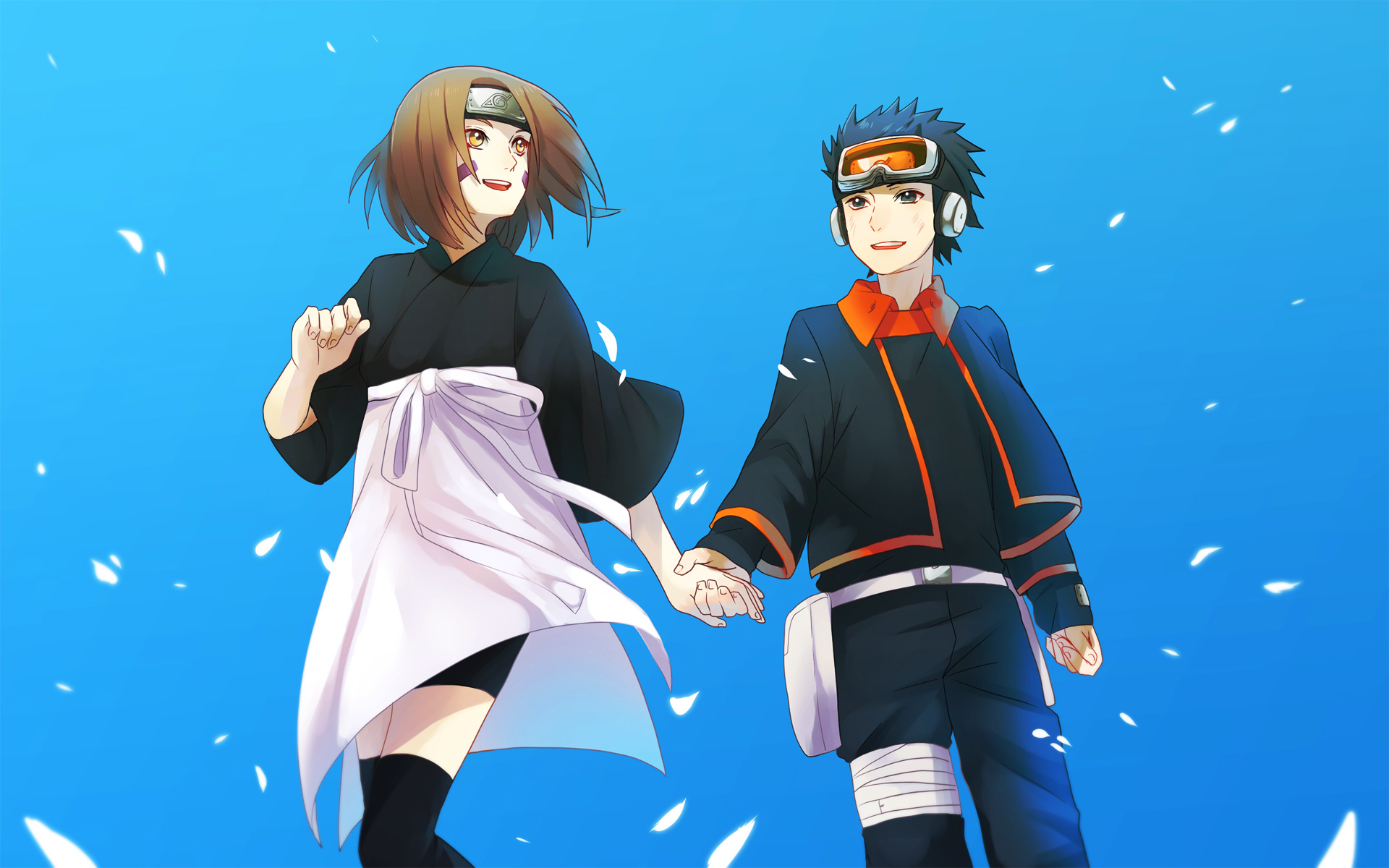 Обои держутся за руки, rin nohara, naruto, anime, art, obito uchiha, вместе  на рабочий стол