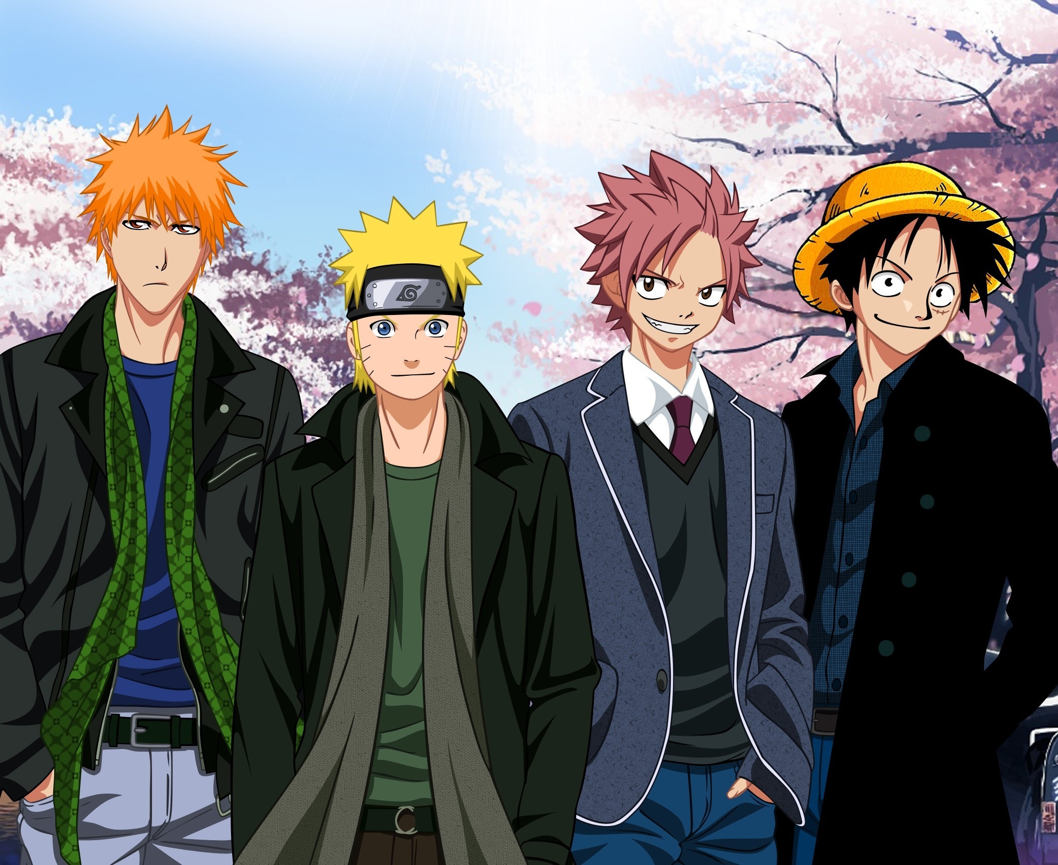 Обои kurosaki, ichigo, natsu, luffy, naruto, natsu dragneel, uzumaki,  kurosaki ichigo, crossover на рабочий стол