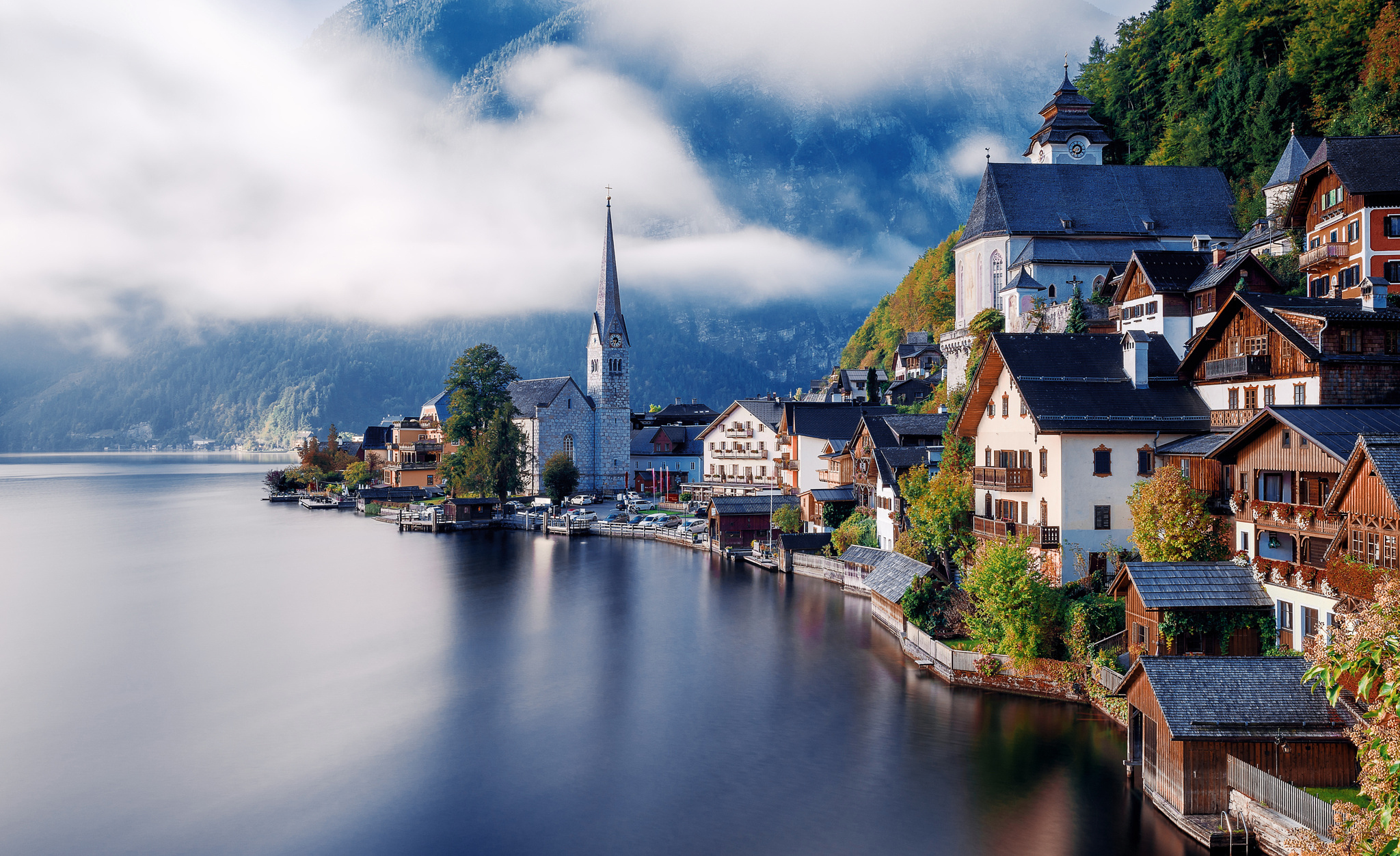 Обои Hallstatt, Austria, Alps, Гальштат, Австрия, озеро, Альпы, горы, дома,  леса, облака на рабочий стол