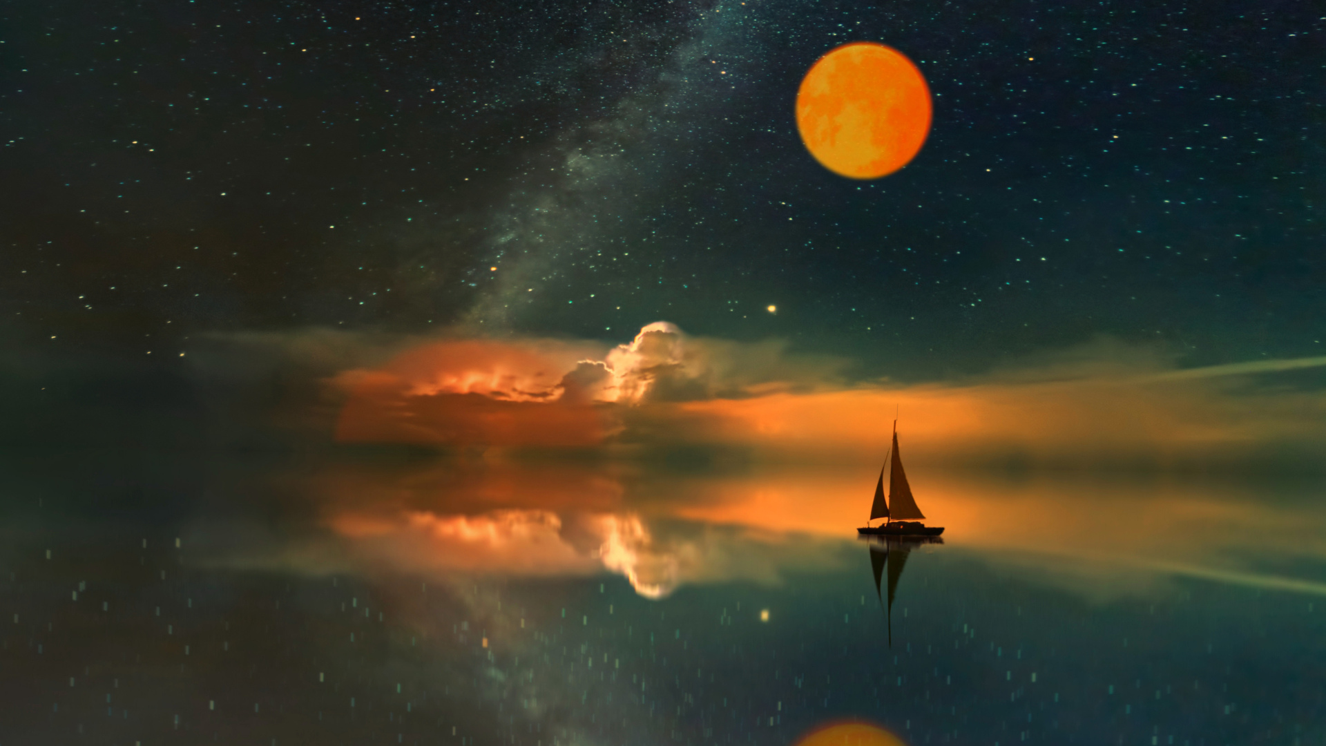 Ночь море звезды лодка