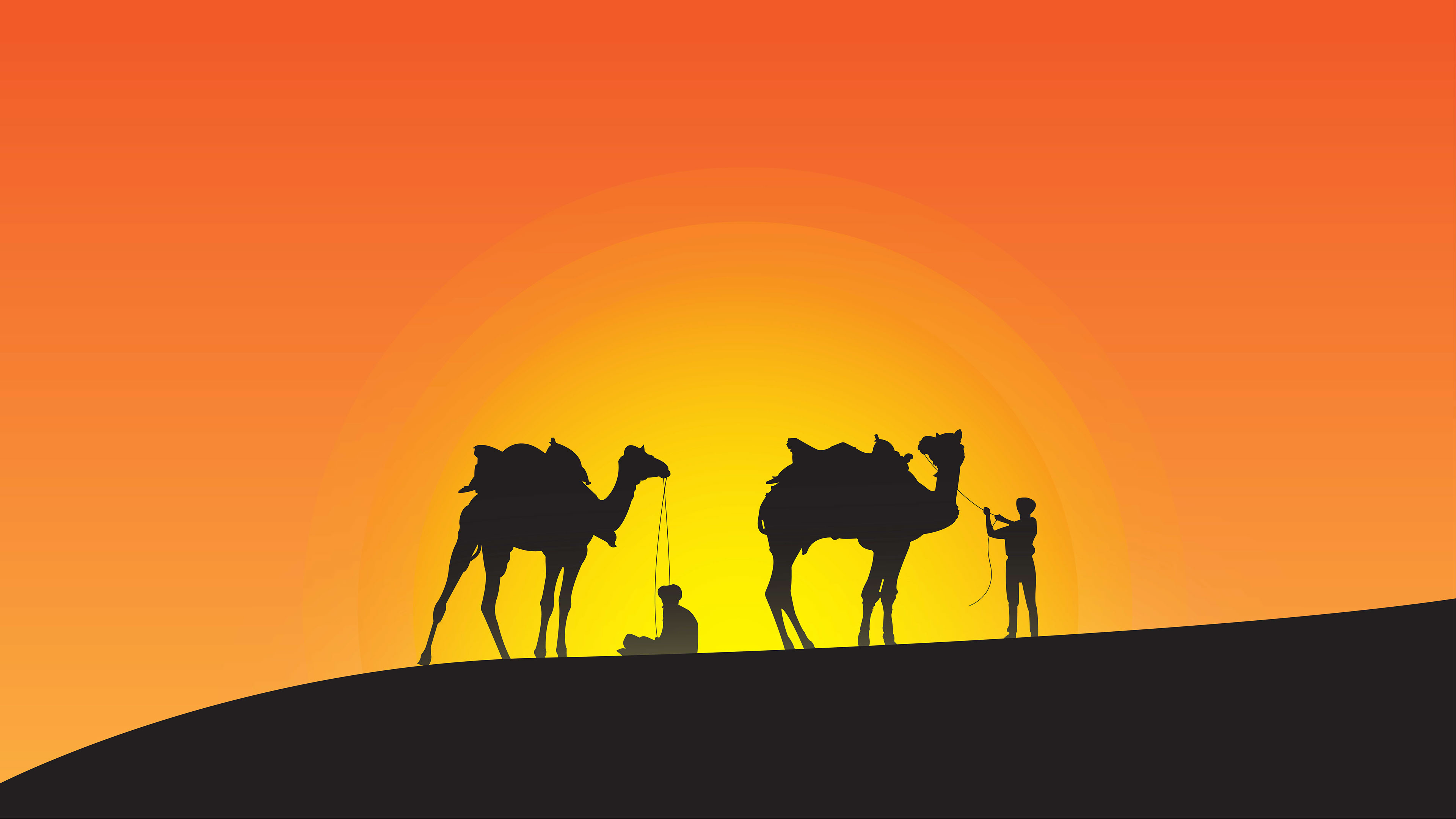 Караван верблюдов в пустыне силуэты
