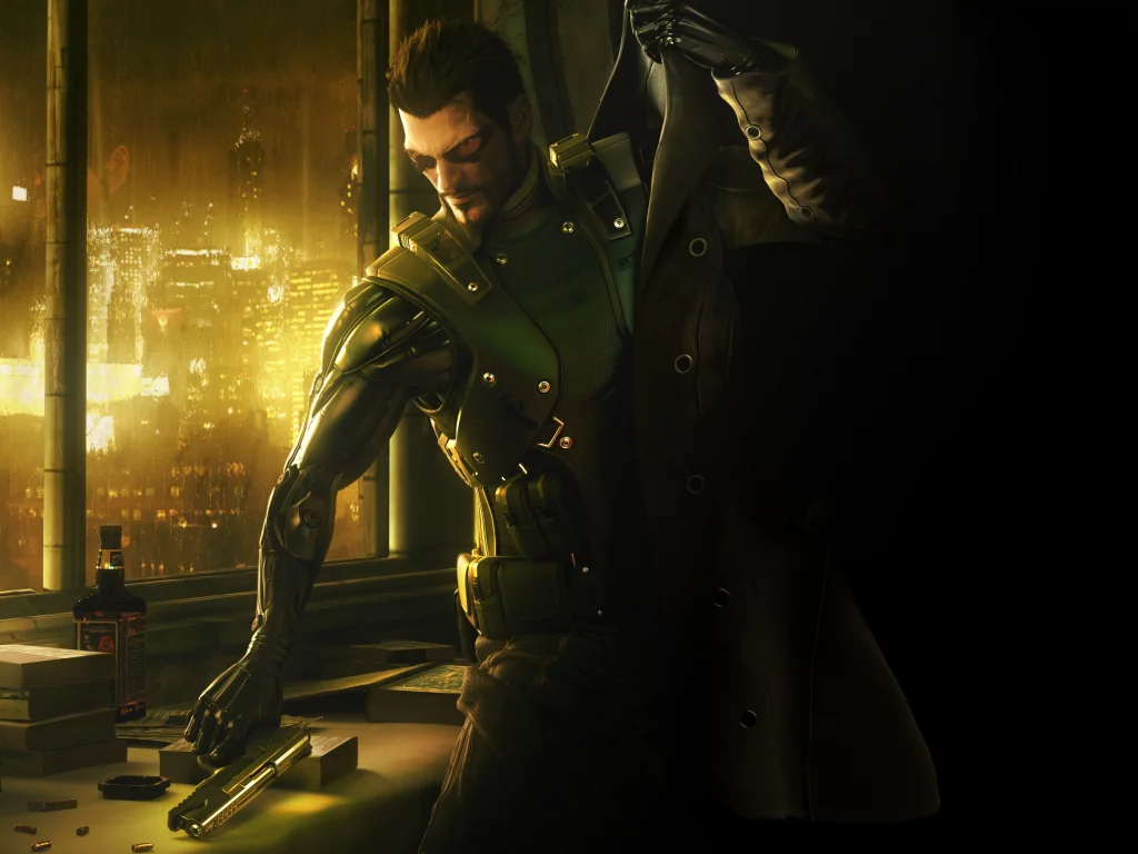 jensen, виски, adam, пистолет, робот, книги, deus ex, город, human revolution, плащ