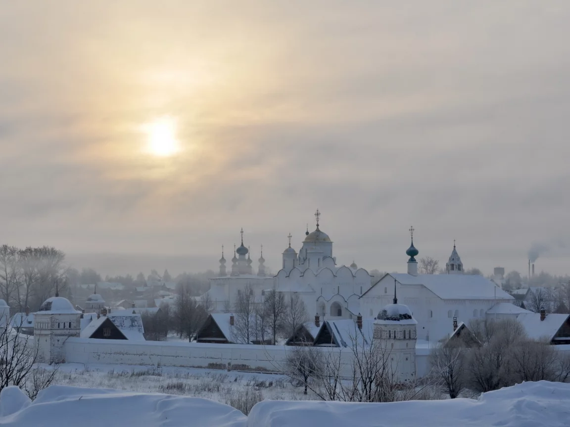 природа, закат, зима, храм, снег