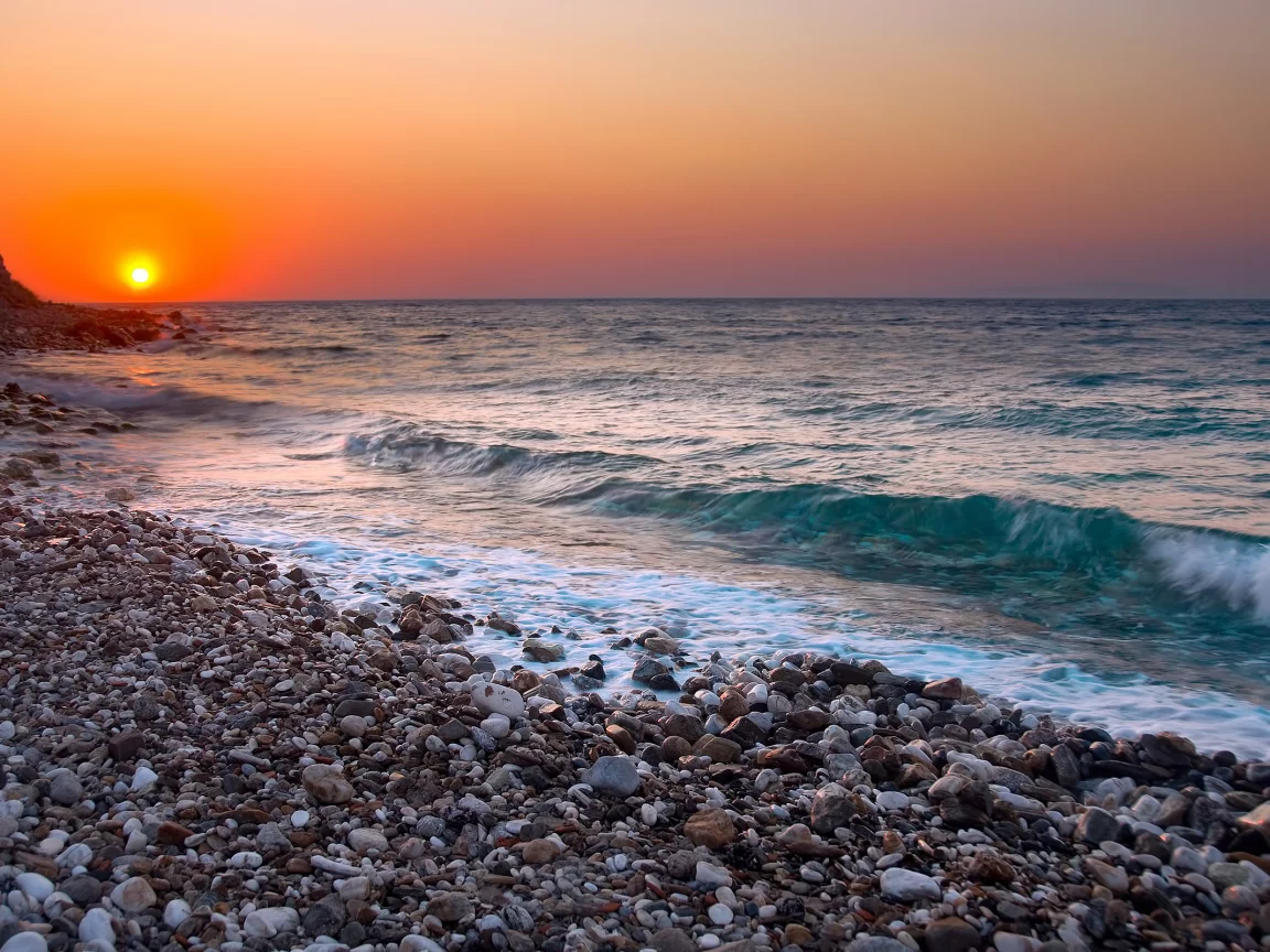 закат, галька, море, горизонт, волны
