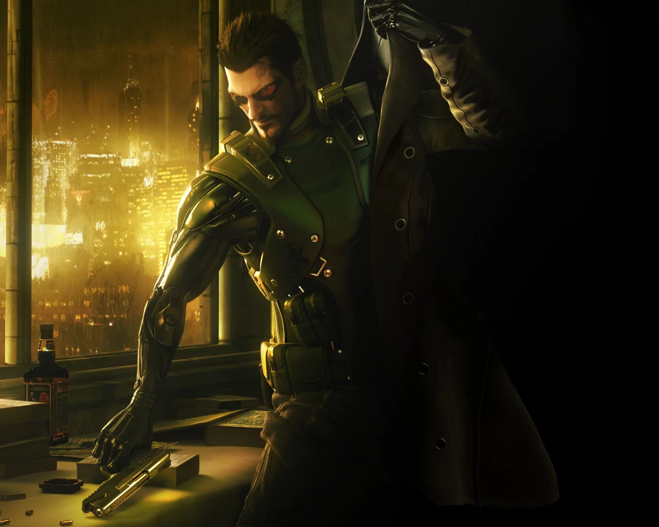 jensen, виски, adam, пистолет, робот, книги, deus ex, город, human revolution, плащ