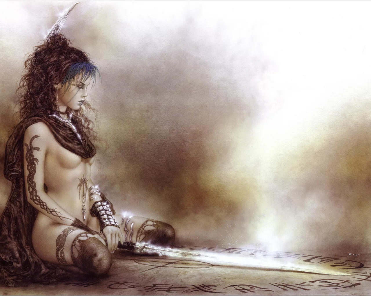 синие волосы, luis royo, татуировка, руны, рисунок, обнажённая, меч