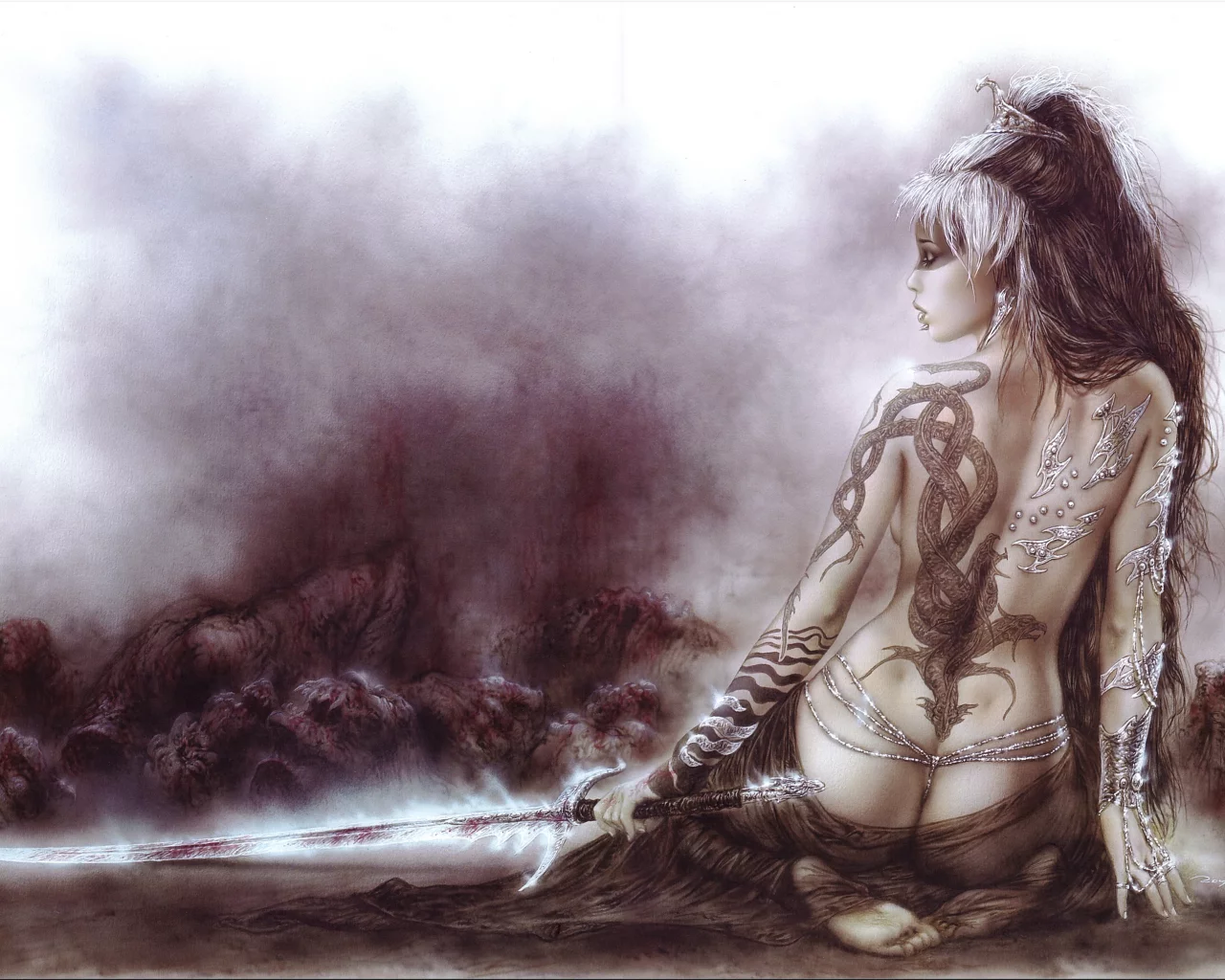 меч, спина, татуировка, luis royo, рисунок