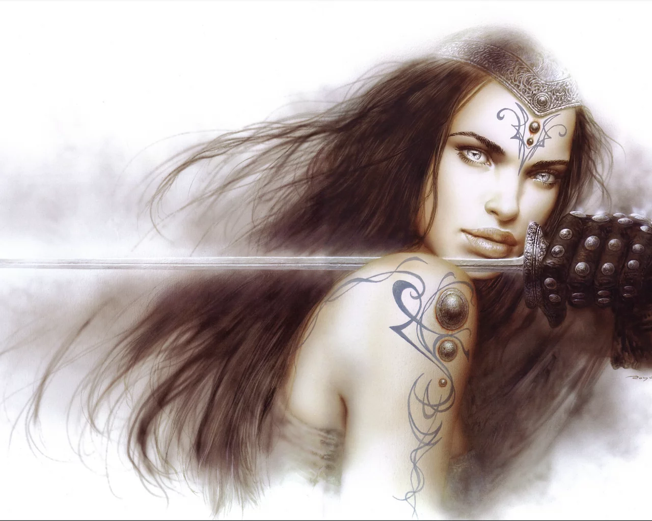 татуировка, рисунок, плечо, перчатка, luis royo, меч