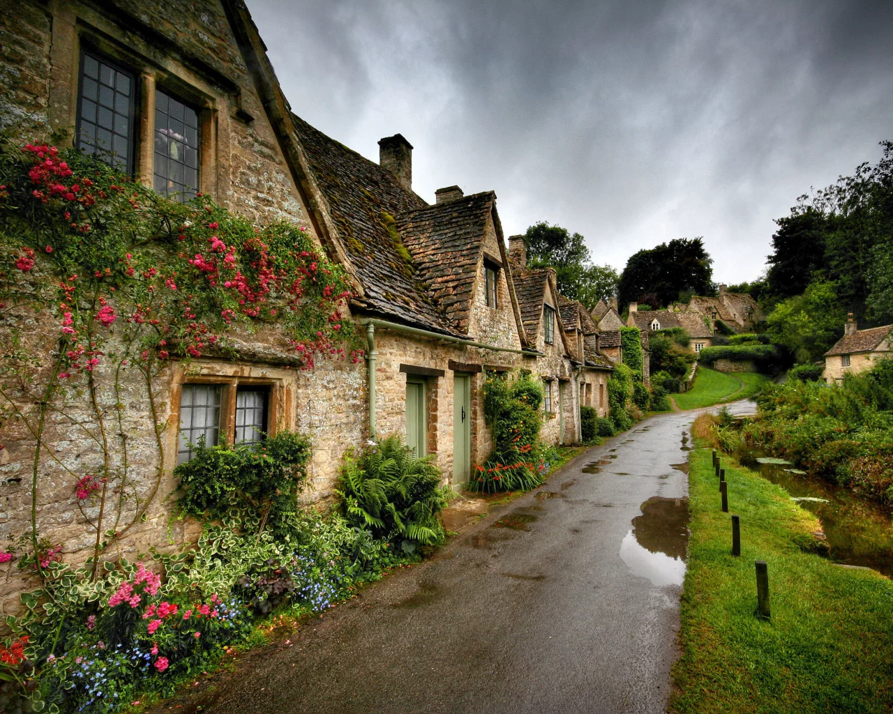 дома, коттеджи, дождь, лето, bibury, цветы, англия