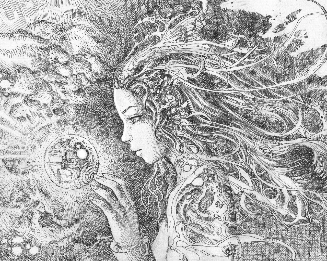 рисунок, свет, девушка, шар