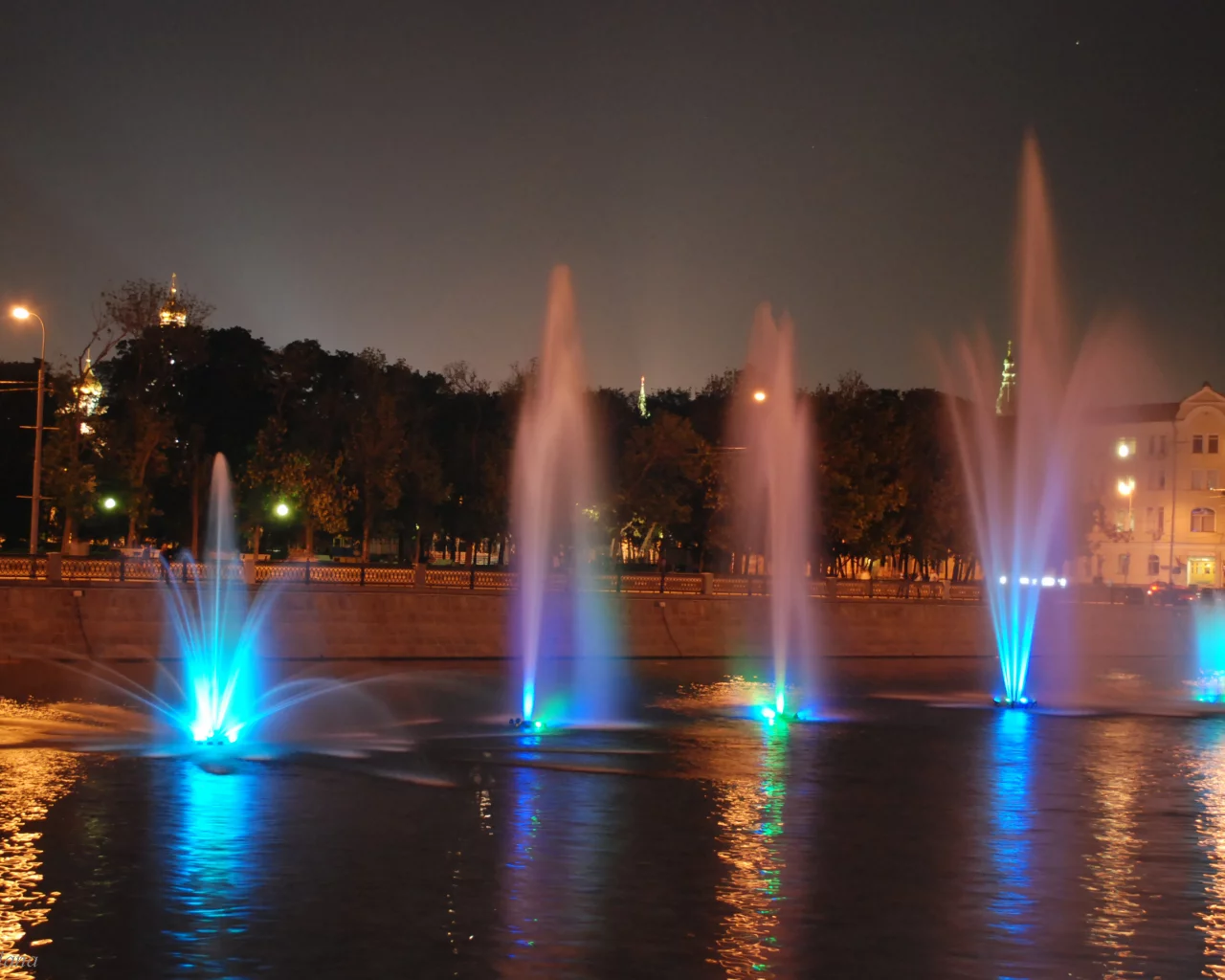 москва, река, фонтаны, ночь, огни