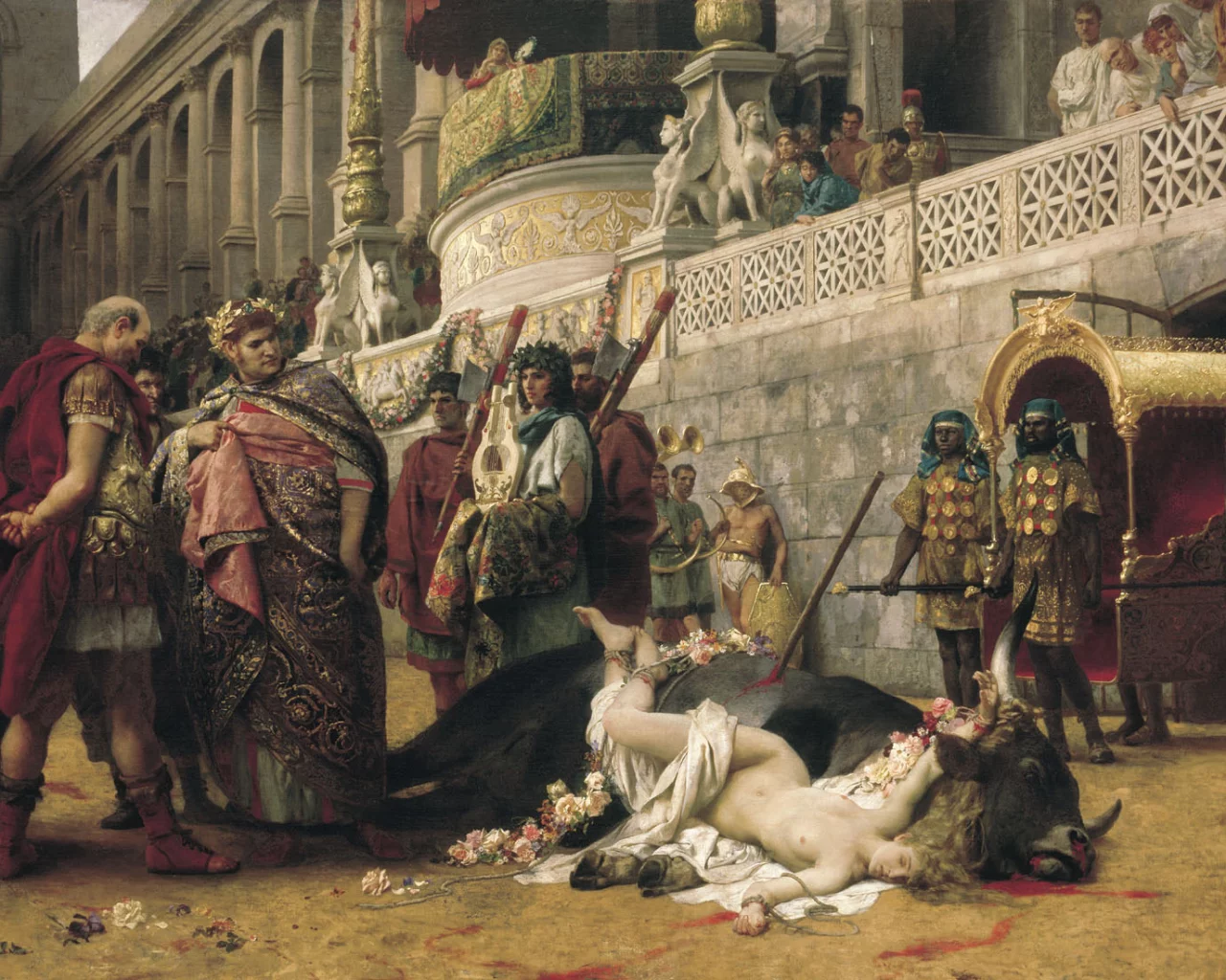 дева, цветы, кровь, дирцея, тиран, праздник аполлона, жертва, картина, бык, цирк, семирадский, венок, нерон