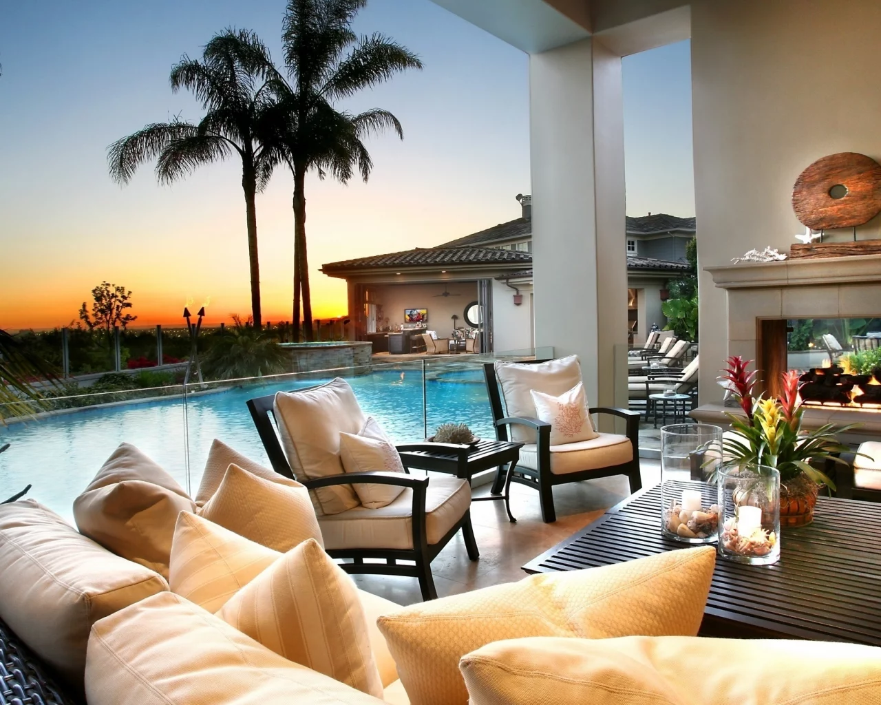 sunset, pool, style, flowers, sky, night, palm trees, summer, fire, clouds, nature