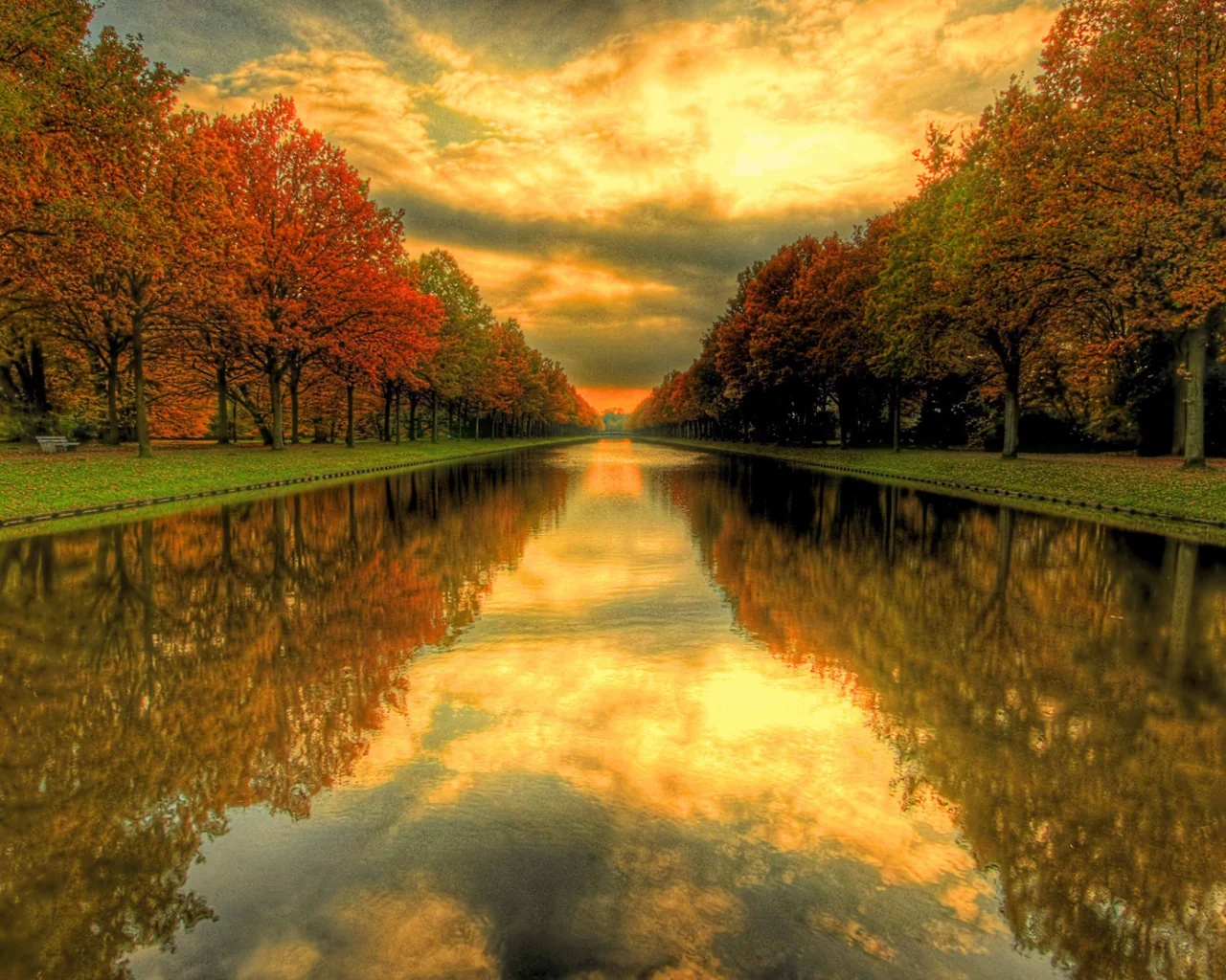 деревья, скамейки, канал, зелень, горизонт, вода, hdr, небо, парк