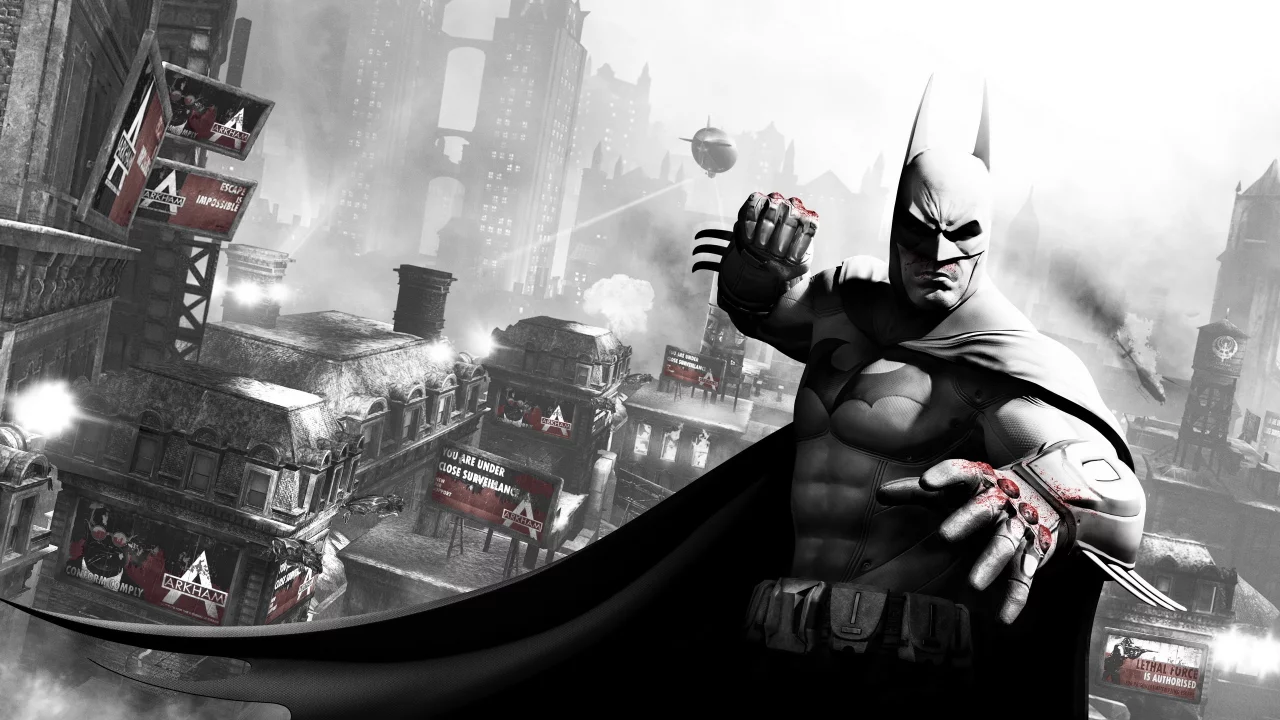batman, готэм, кровь, бэтмен, город, кулак, arkham city, дирижабль