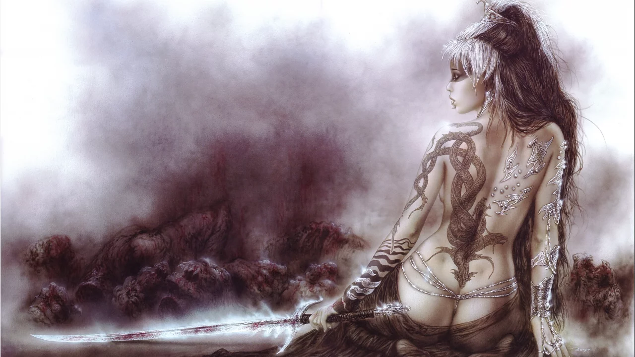 меч, спина, татуировка, luis royo, рисунок