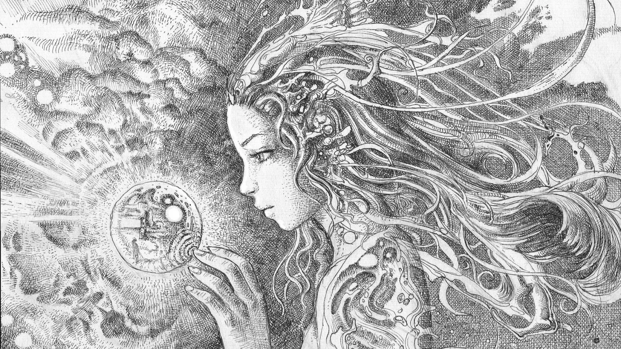 рисунок, свет, девушка, шар