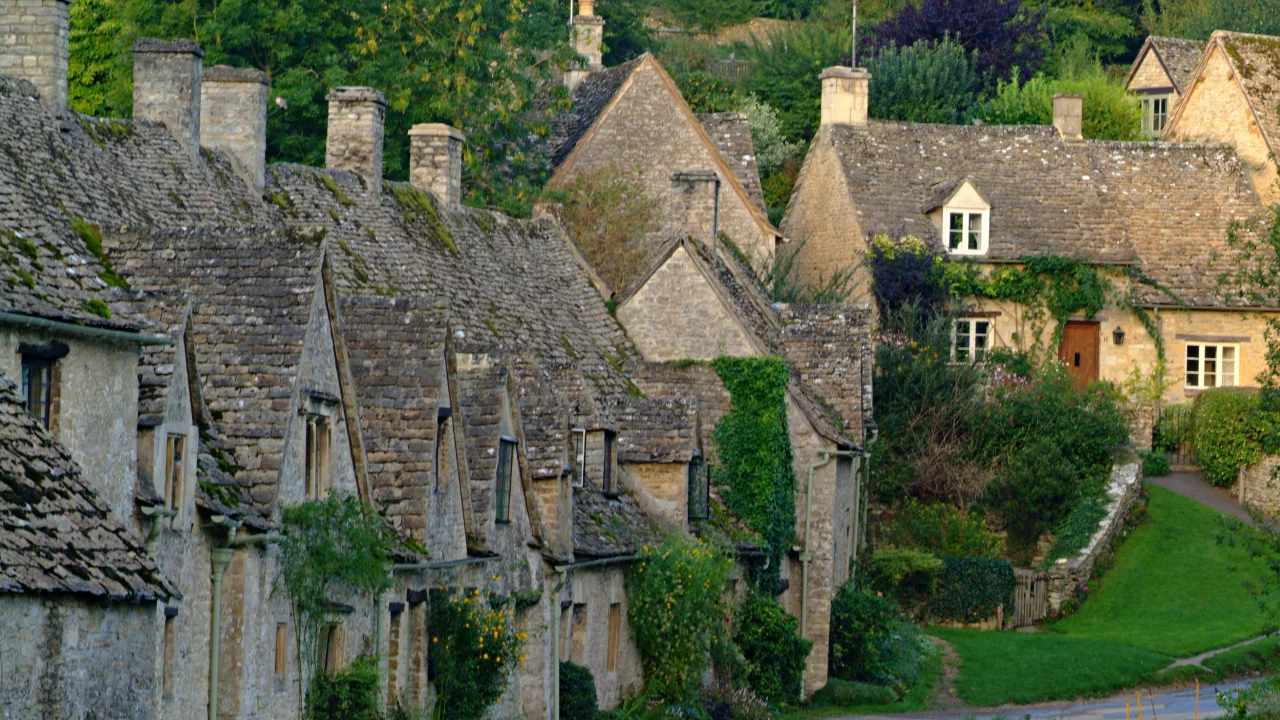 лето, коттеджи, Bibury, зелень