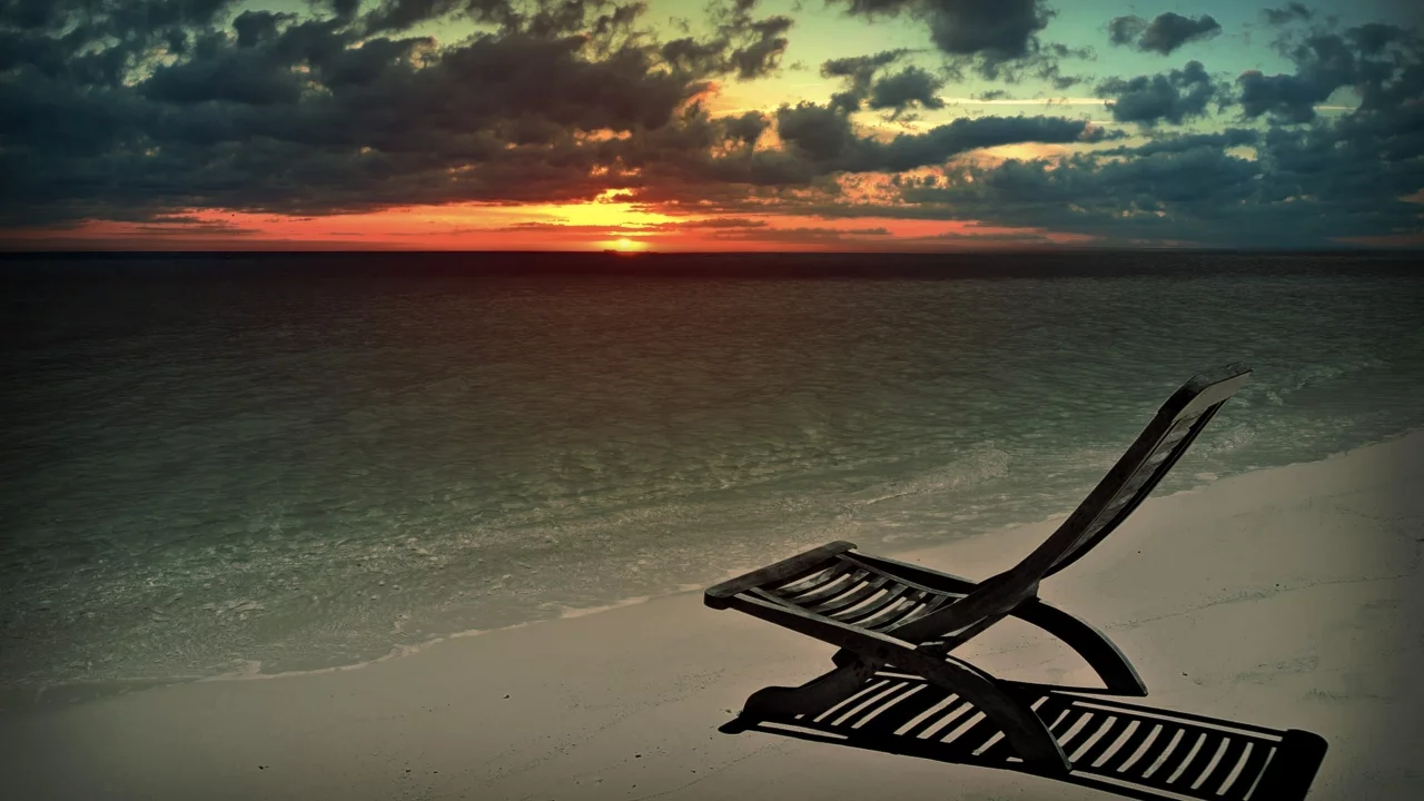 кресло, пляж, закат, море, природа