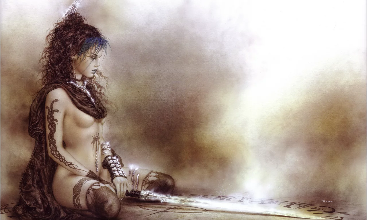 синие волосы, luis royo, татуировка, руны, рисунок, обнажённая, меч