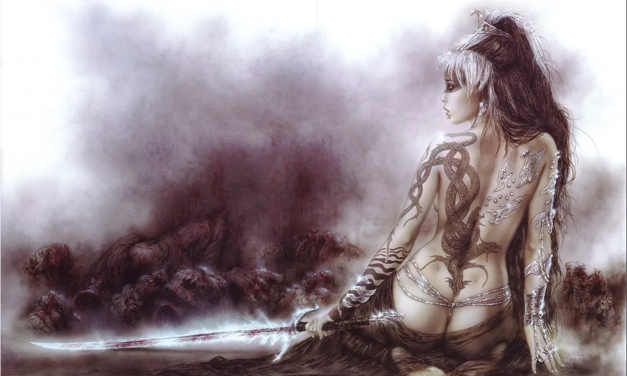 меч, спина, татуировка, luis royo, рисунок
