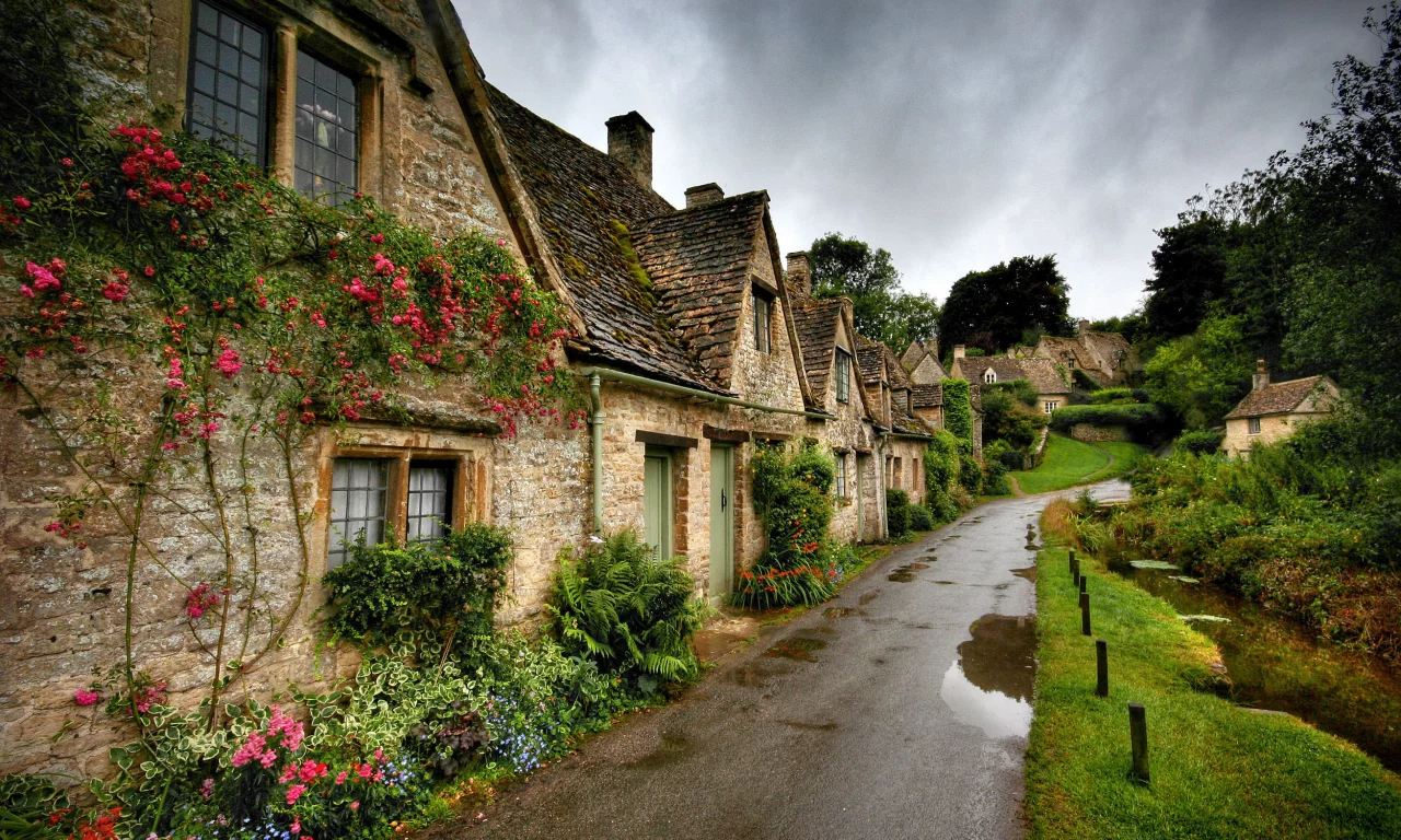 дома, коттеджи, дождь, лето, bibury, цветы, англия
