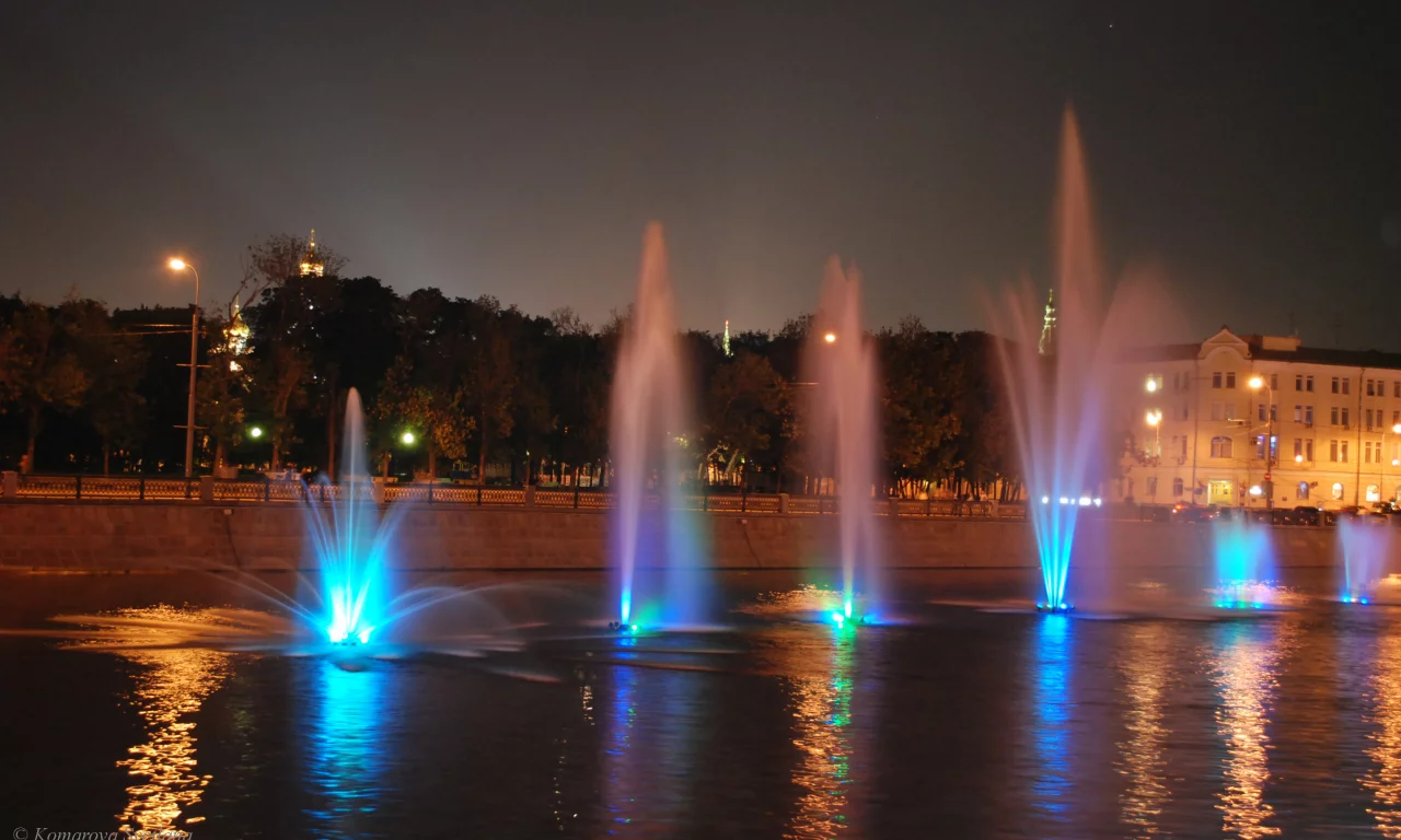 москва, река, фонтаны, ночь, огни