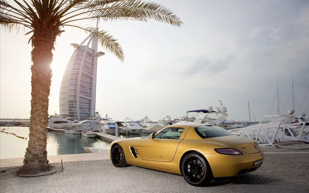 dubai, car, burj al arab, mercedes bens sls
