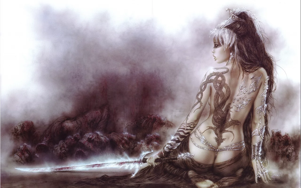 меч, спина, татуировка, luis royo, рисунок