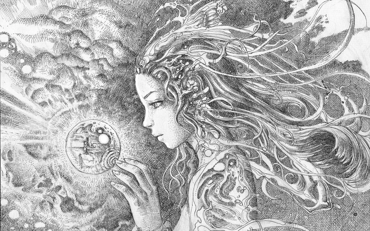 рисунок, свет, девушка, шар
