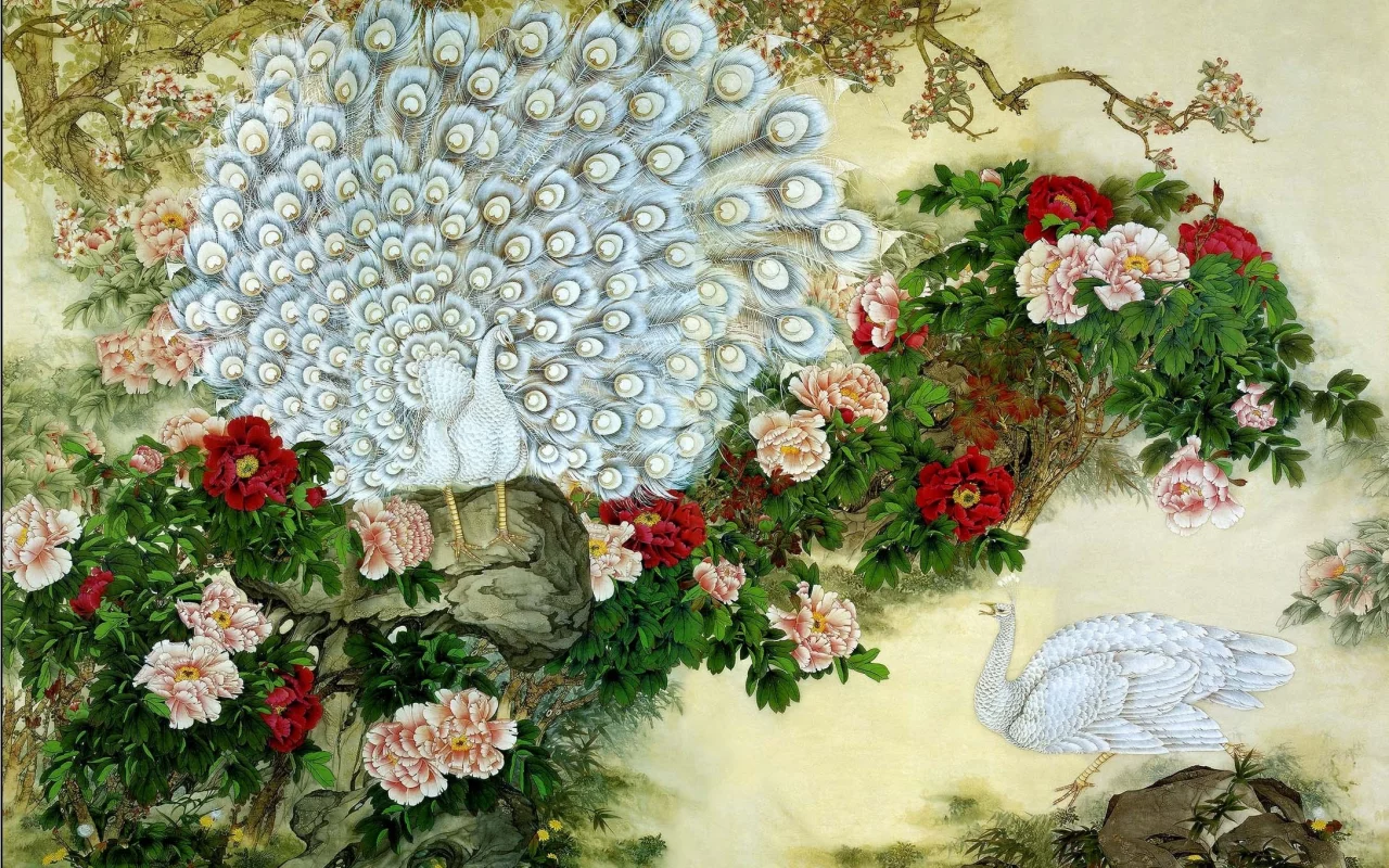 пара, павлины, цветы, рисунок