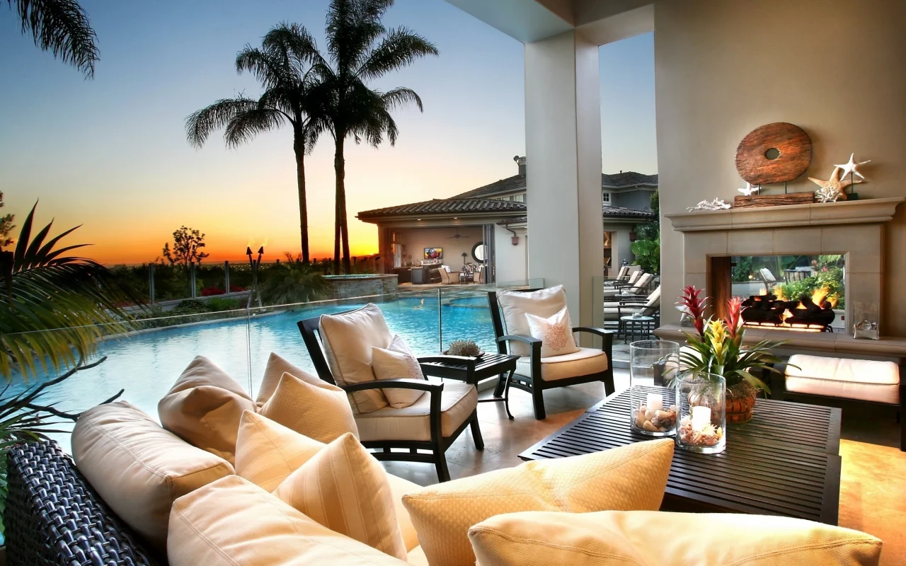 sunset, pool, style, flowers, sky, night, palm trees, summer, fire, clouds, nature