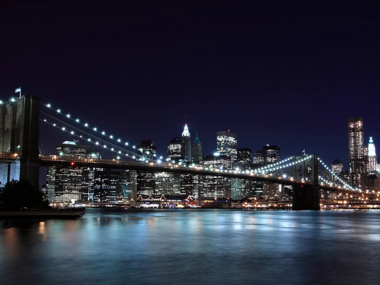 new york, город, нью-йорк, бруклинский мост, огни, brooklyn bridge, ночь