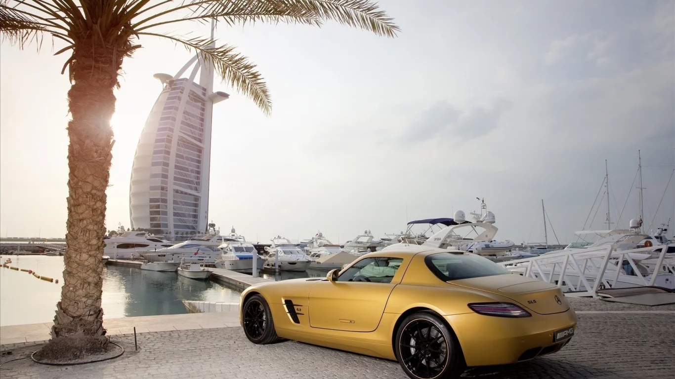 dubai, car, burj al arab, mercedes bens sls