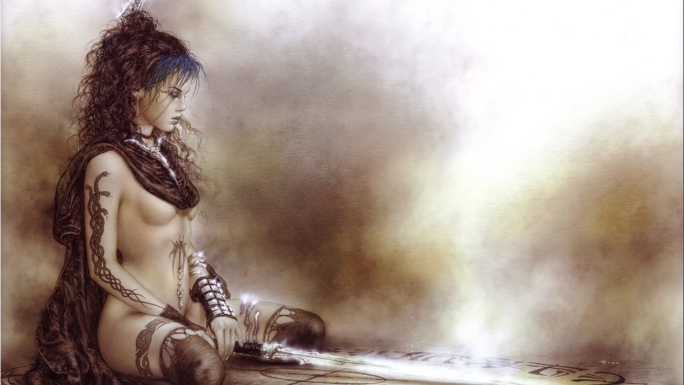синие волосы, luis royo, татуировка, руны, рисунок, обнажённая, меч