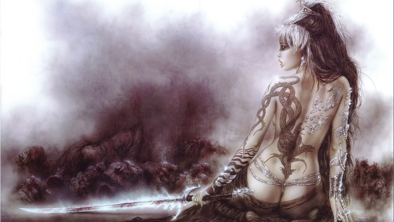 меч, спина, татуировка, luis royo, рисунок
