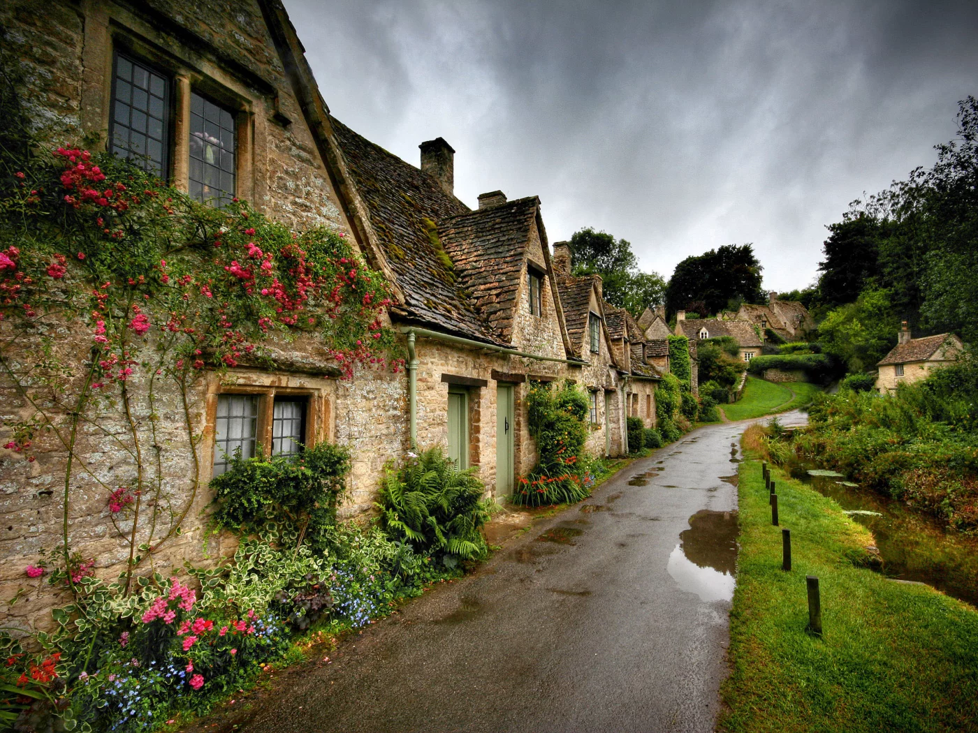 дома, коттеджи, дождь, лето, bibury, цветы, англия